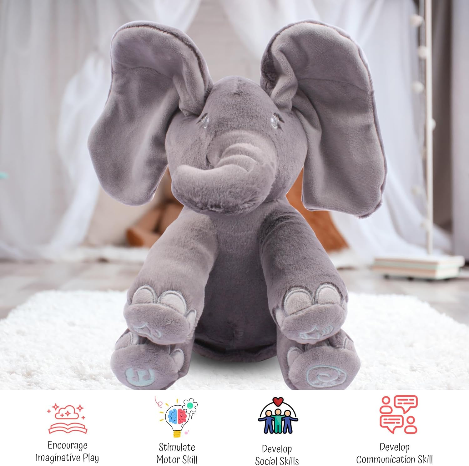Dimple Emery Peek A Boo Elephant Toy, Interactive Singing Stuffed Elephant Plush with Moving Ears, Musical Stuffed Animal for Babies and Toddlers, Adorable Baby Toy - Adorable Gift for Grandchild