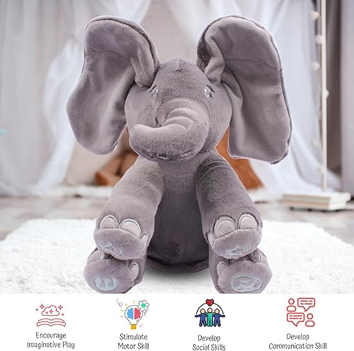 Miniatura 16 de Dimple Kaia Peek A Boo Elefante de juguete, animal de peluche interactivo con orejas móviles, animal de peluche musical para bebés y niños pequeños