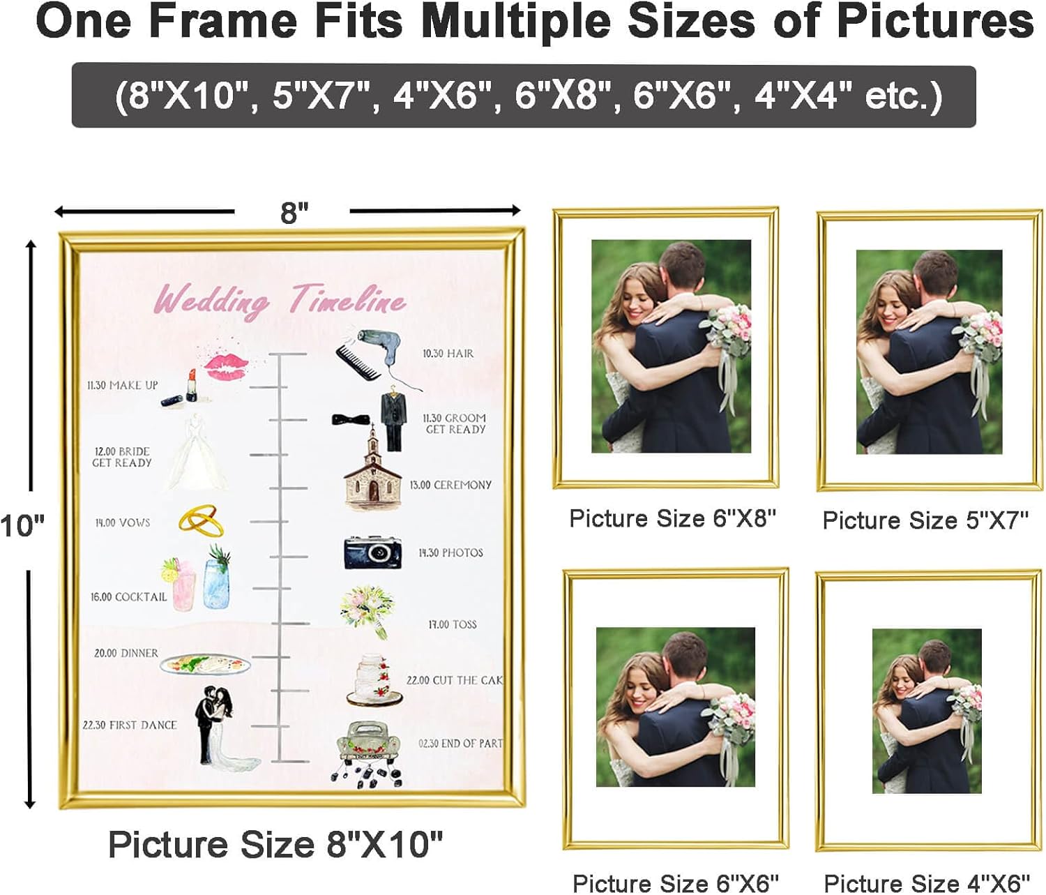 8x10 Picture Frame set of 2 (Gold, Horizontal + Vertical) for 5x7 6x8 with Floating Effect, for 8 x 10 without Floating, Double Real Glass Photo Frames Only for Tabletop