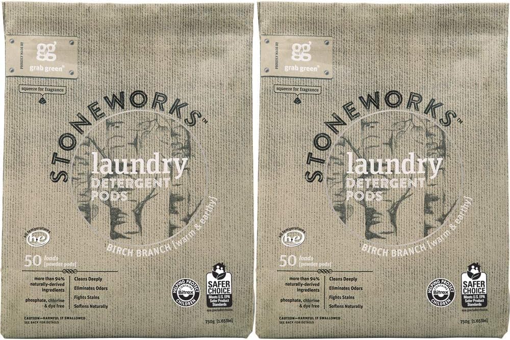 Grab Green Stoneworks Laundry Detergent Pods, 100 Count, Birch Branch Scent, Plant and Mineral Based, Cleans Deeply, Eliminates Odors, Fights Stains