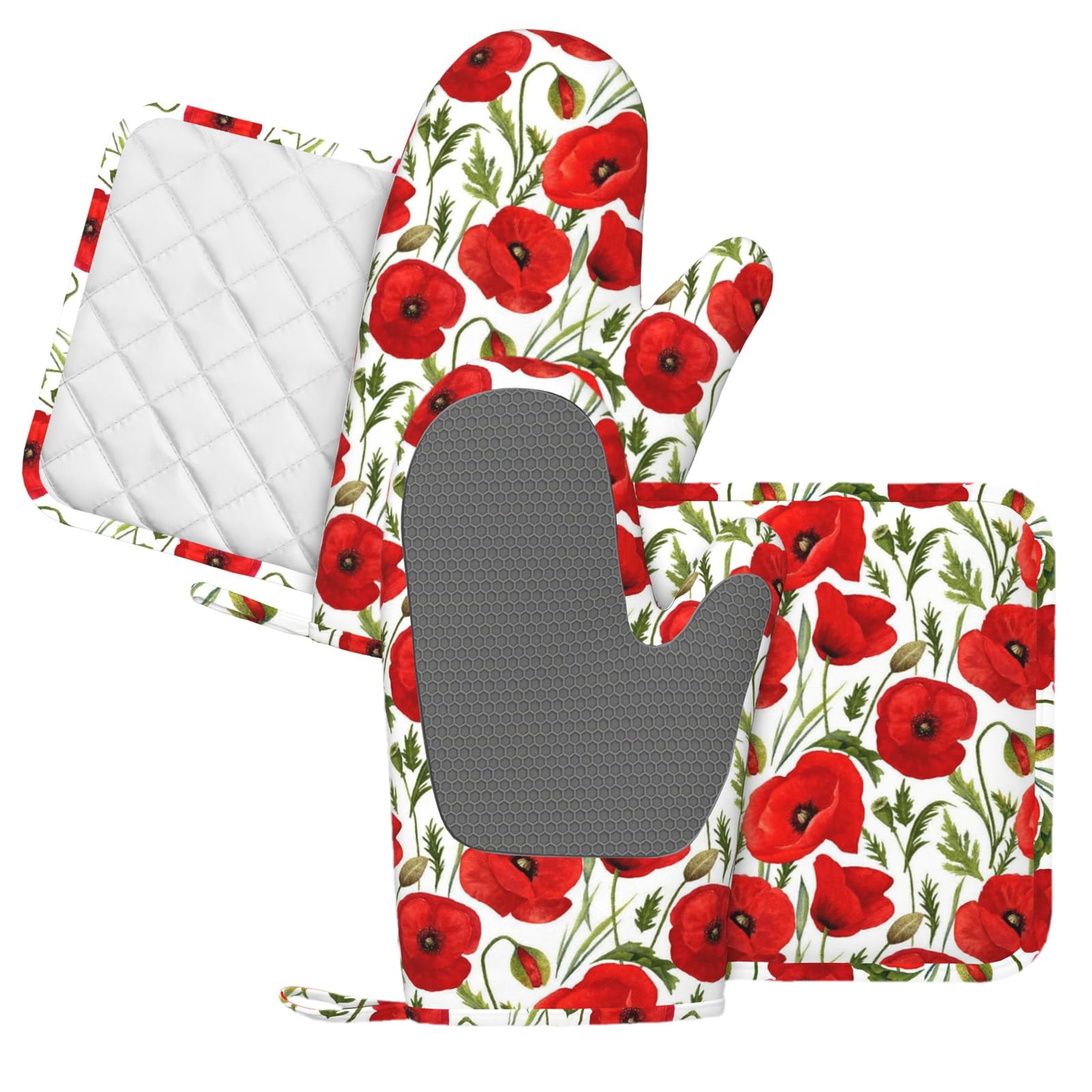 Lot de 4 maniques et maniques à imprimé coquelicot rouge | Moufles de cuisine élégantes en silicone motif coquelicots vintage pour cuisine, chef, barbecue, barbecue