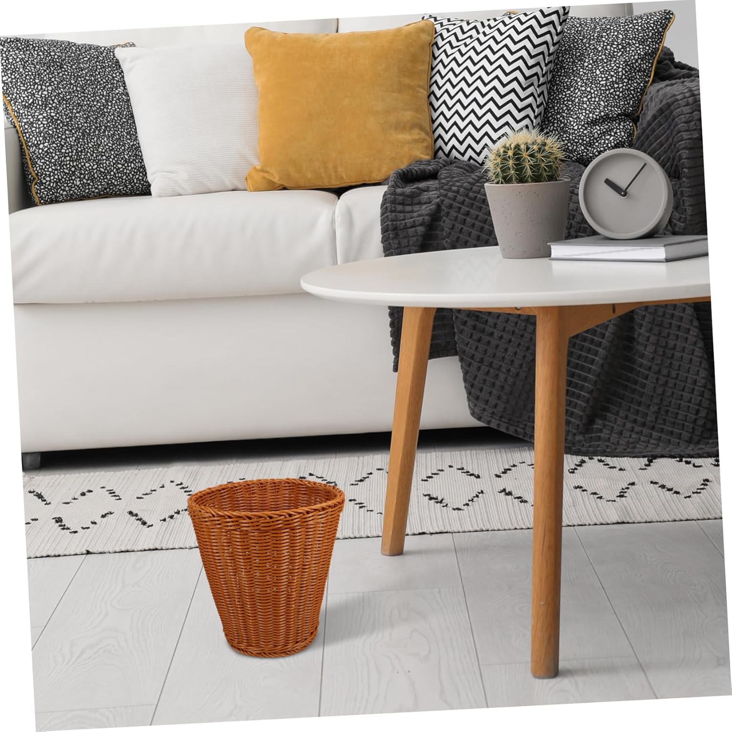 STOBAZA Multifunctional Simulated Rattan Storage Basket with Lid Lightweight Woven Trash Bin for Office Home Sundries Organization and Waste Container