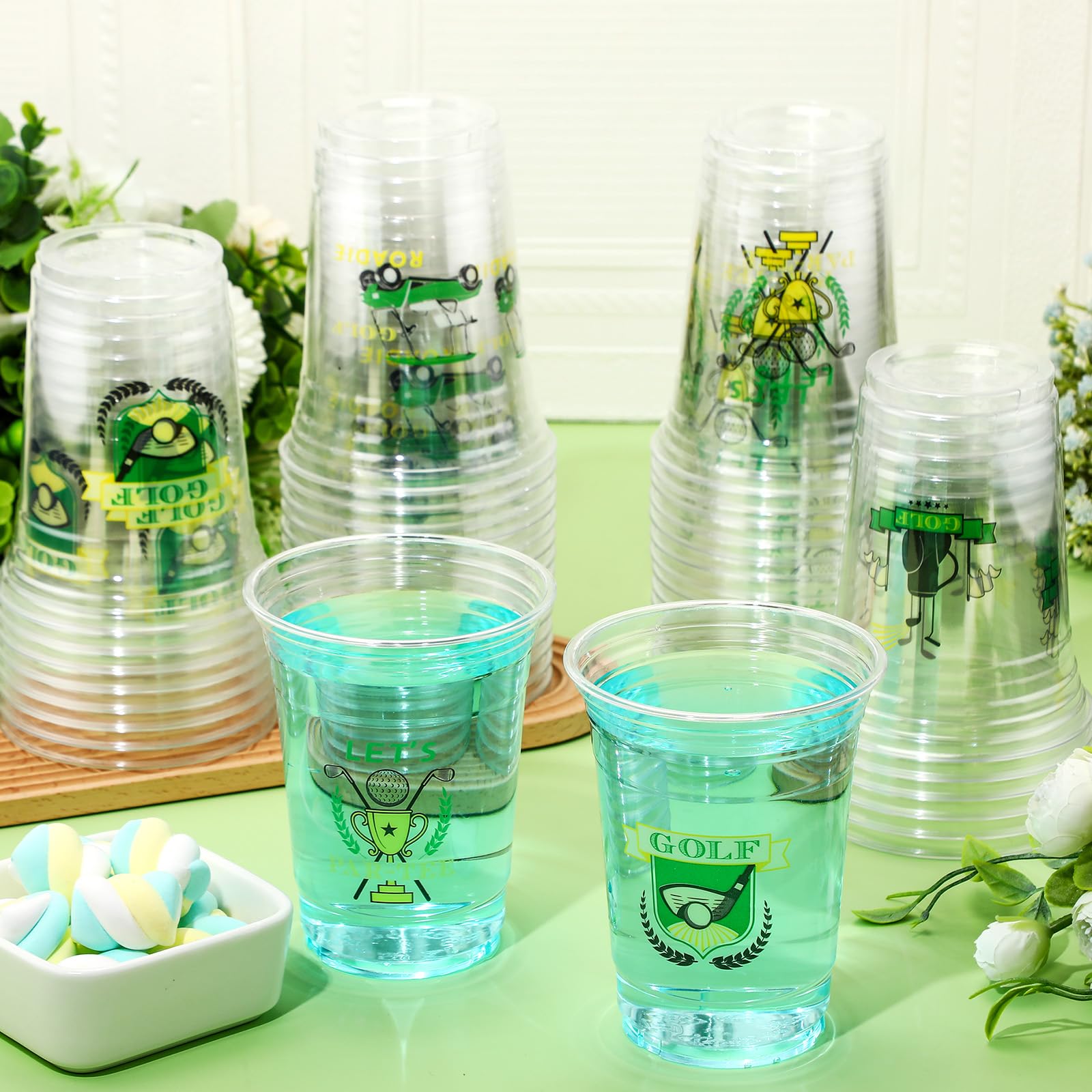 100 vasos de plástico a granel de 16 onzas, vasos desechables transparentes para bebidas frías, cerveza, aperitivos, caramelos para suministros de fiesta temática, regalos de decoración (golf