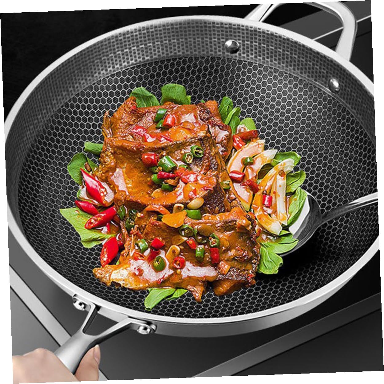 Wok Cuisine en Acier Inoxydable, Design Épais, Argenté