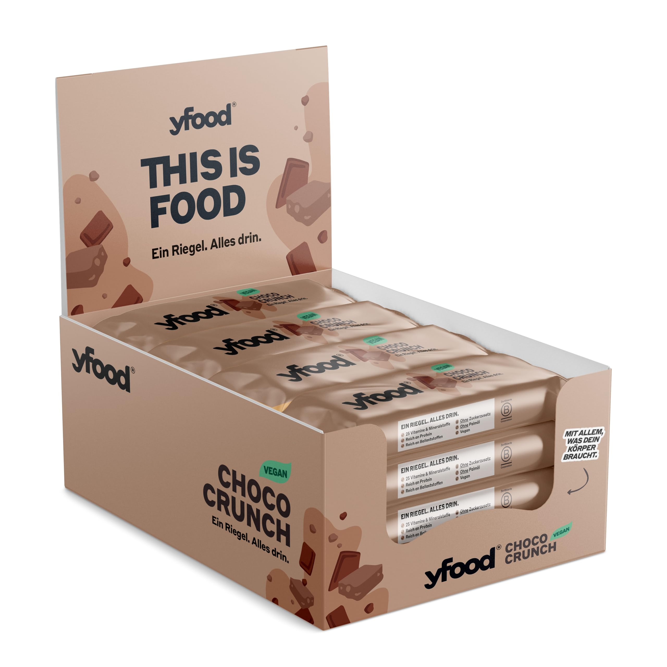 yfood Riegel Vegan Choco Crunch, mit 10 g Protein, 12 Riegel á 60g