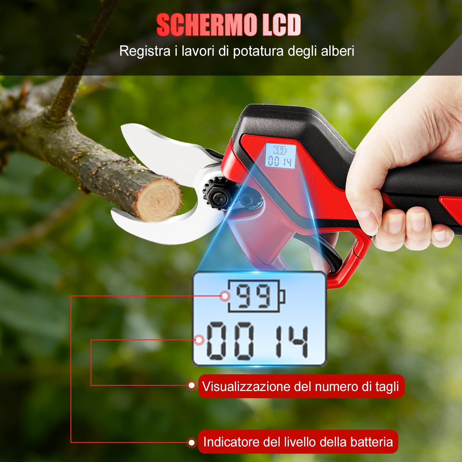 Cesoie elettriche senza fili 40 mm, cesoie professionali a batteria con 2 batterie ​ 1500 mAh e motore brushless ​ 600 W, forbici elettriche con display LCD, per alberi e alberi ​ frutto