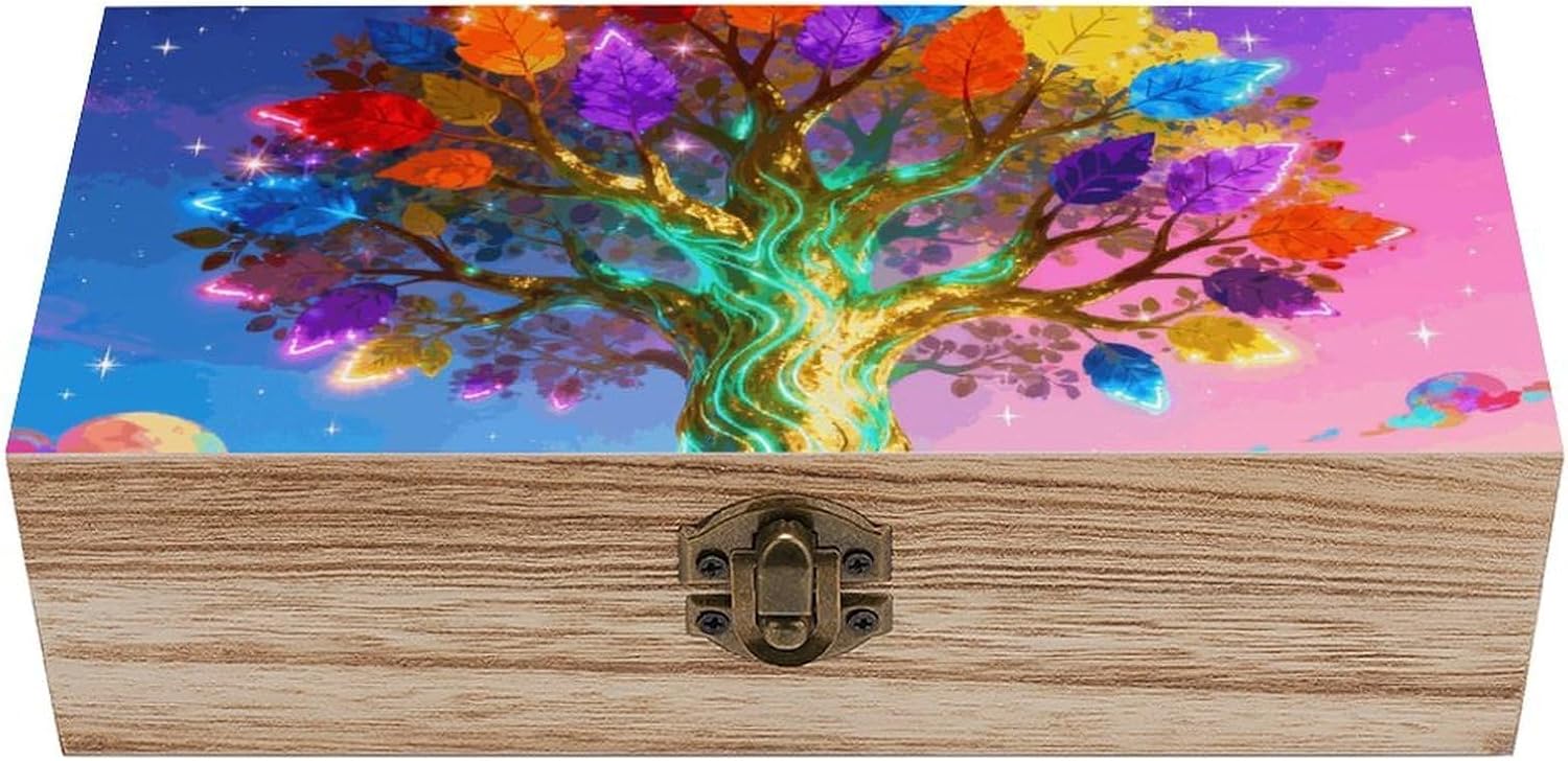 Colorful Sky Life Tree Wooden Storage Box Vintage Decorative Storage Case Multi-Functional Wooden Organizer Box with Exquisite Pattern for Home Desktop Organization & Gift Giving
