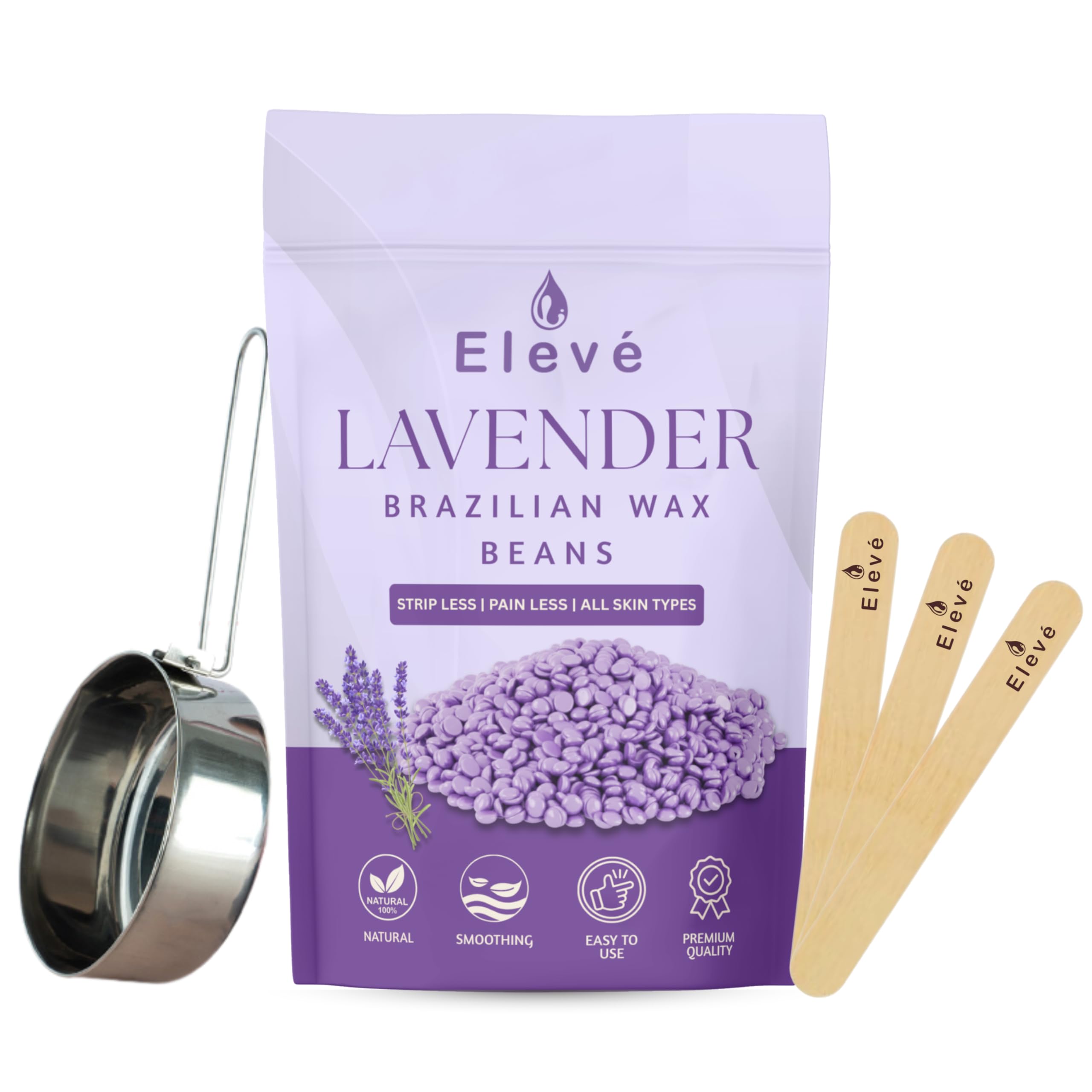 Eleve Brazilian Beans Wax, Face Wax/Katori Wax for Women | India’s 1st Liposoluble Stripless Wax | Pan with Handle & Spatula | Natural Ingredients | For Upper Lips, Chin, Cheeks & Hairline (100 Gm, Lavender)-image-3