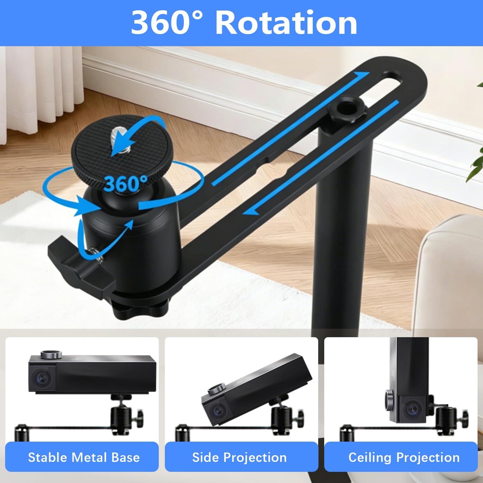 BRGD Soporte para Proyector, Soporte de Suelo Oculto de Metal con Giro de 360° para Apartamentos Pequeños, Dormitorios y Salas de Estar, Altura Regulable de 30 a 130cm