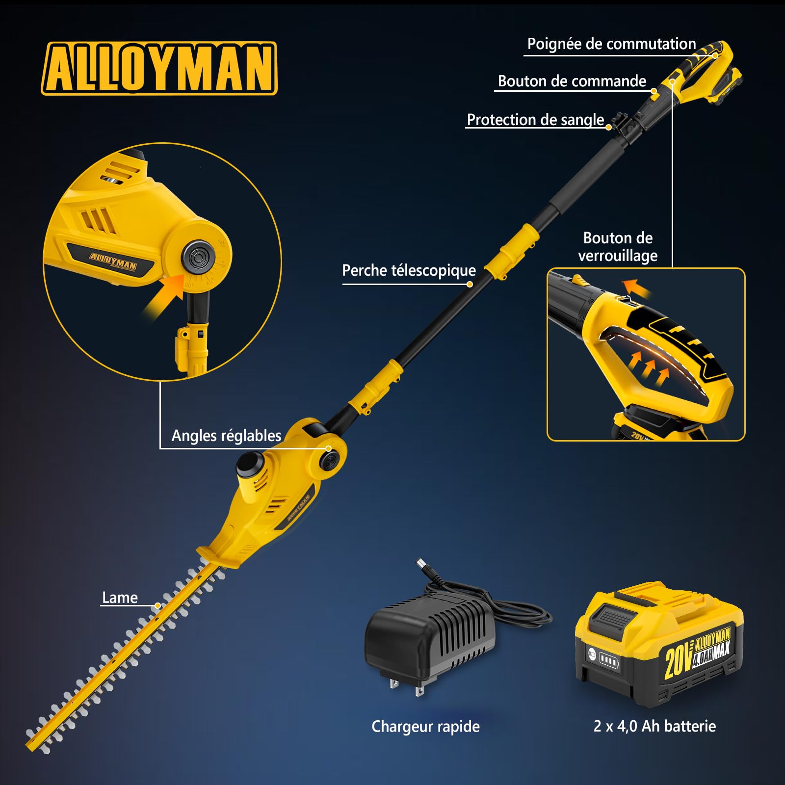 Alloyman Taille-Haie sans Fil Télescopique 20V Max sur Perche, Lame 40 cm, 2 Batteries 4,0 Ah et Chargeur, Manche Réglable 2,4 m pour Haies et Arbustes
