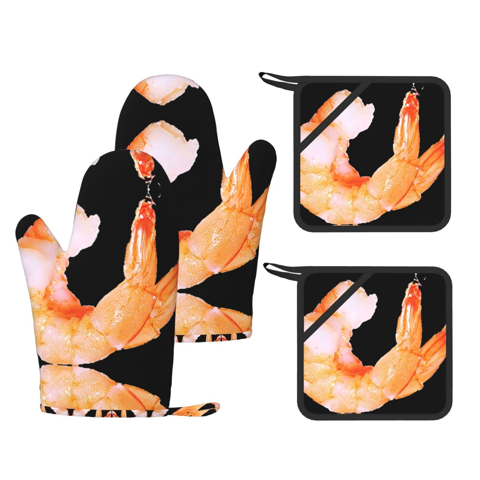 glutton shrimps Printed Oven Mitts with Pocket and Hot Pads, Silicone Non-Slip Kitchen Gloves for Baking BBQ