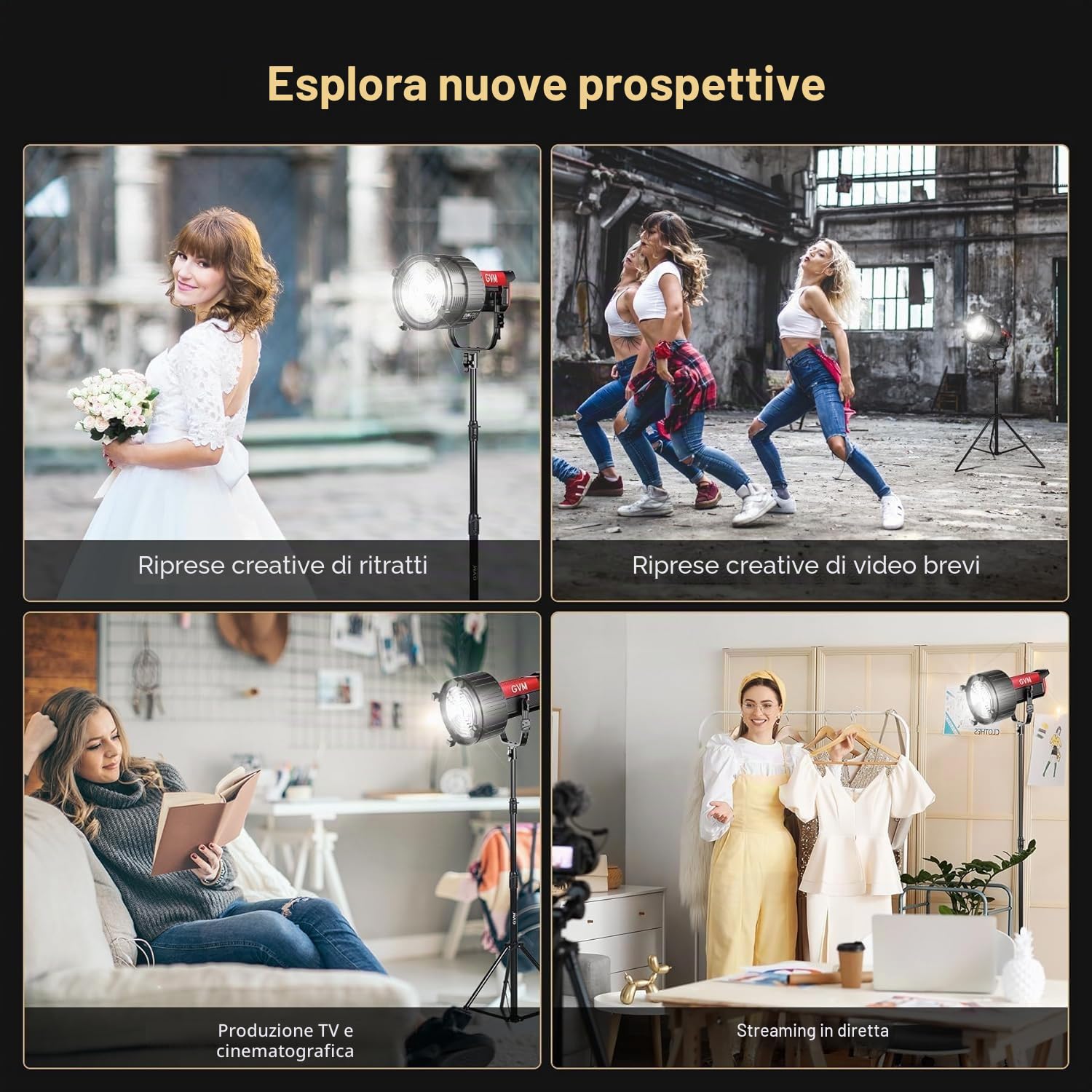 GVM - Lente Fresnel per luce video a LED con supporto Bowens, compatibile con PROSD400B, 500B, 650B, SD600D, SD600S, illuminazione di uscita continua per studio fotografico