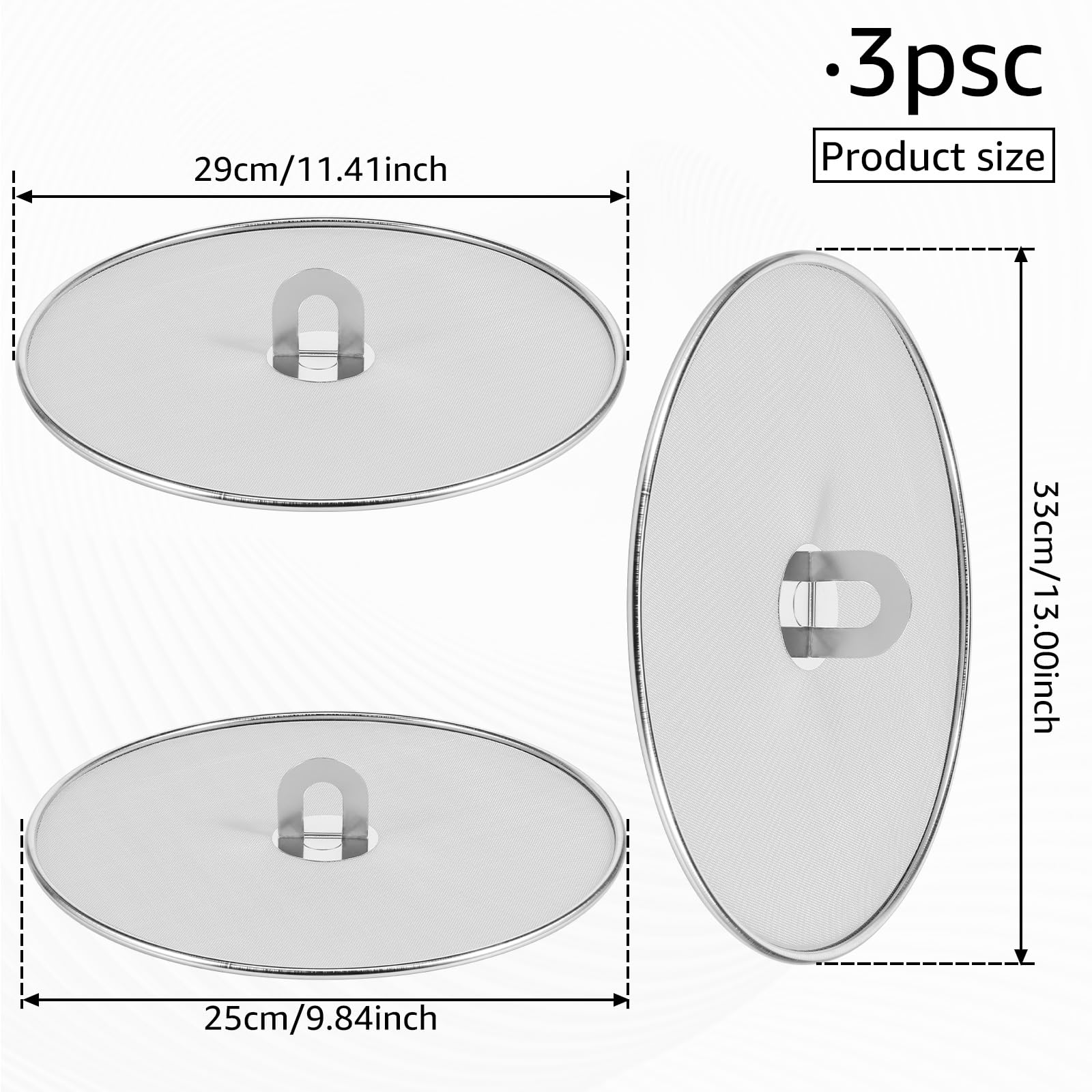 Hevtsde 3 Pcs Splatter Guard Stainless Steel Frying Pan Splatter Screen Splash Proof Oil Splatter Cover with Foldable Handle Mesh Oil Proofing Lids for Kitchen Cooking (9.8 inch, 11.4 inch, 13 inch)