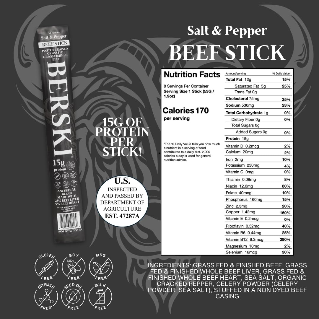 BERSKI Salt & Pepper Beef Sticks – 100% Grass-Fed, Grass-Finished – Ancestral Blend with Liver & Heart – Keto, Paleo – Regeneratively Raised USA Beef – 8 Pack (1.9 oz Sticks)