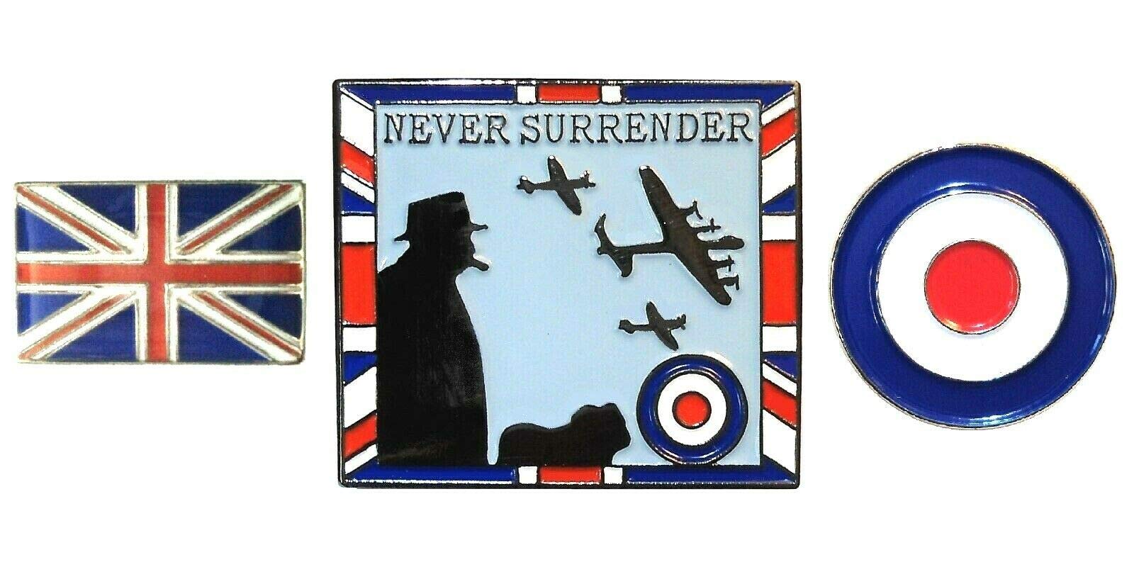 B4b Ww2 Churchill Never Surrender Bulldog Spitfire Lancaster & Hurricane Raf Ve75 Badges Set