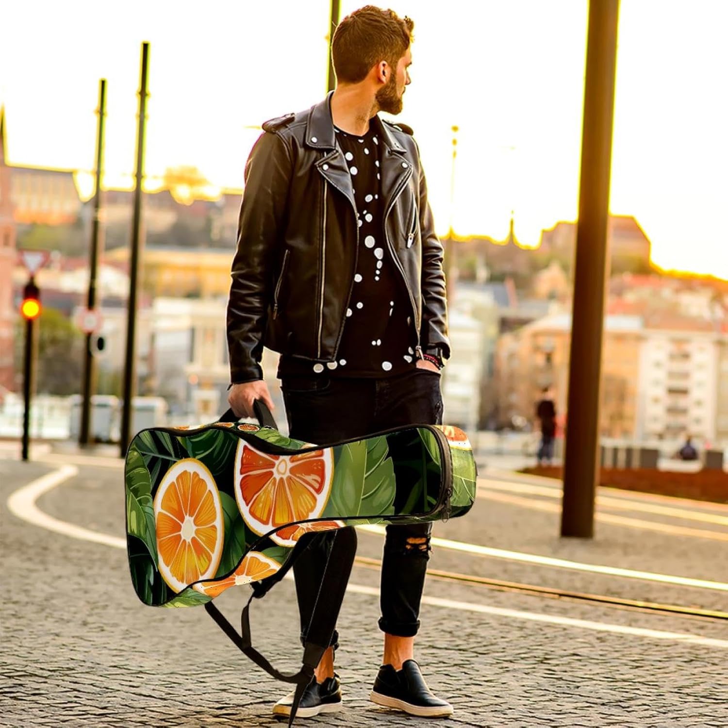 40 41 42 Inch Guitar Bags, Waterproof Padded Acoustic Guitar Case Backpack with Adjustable Shoulder Strap & Pockets, Colorful of Summer Fruits Orange and Leaves
