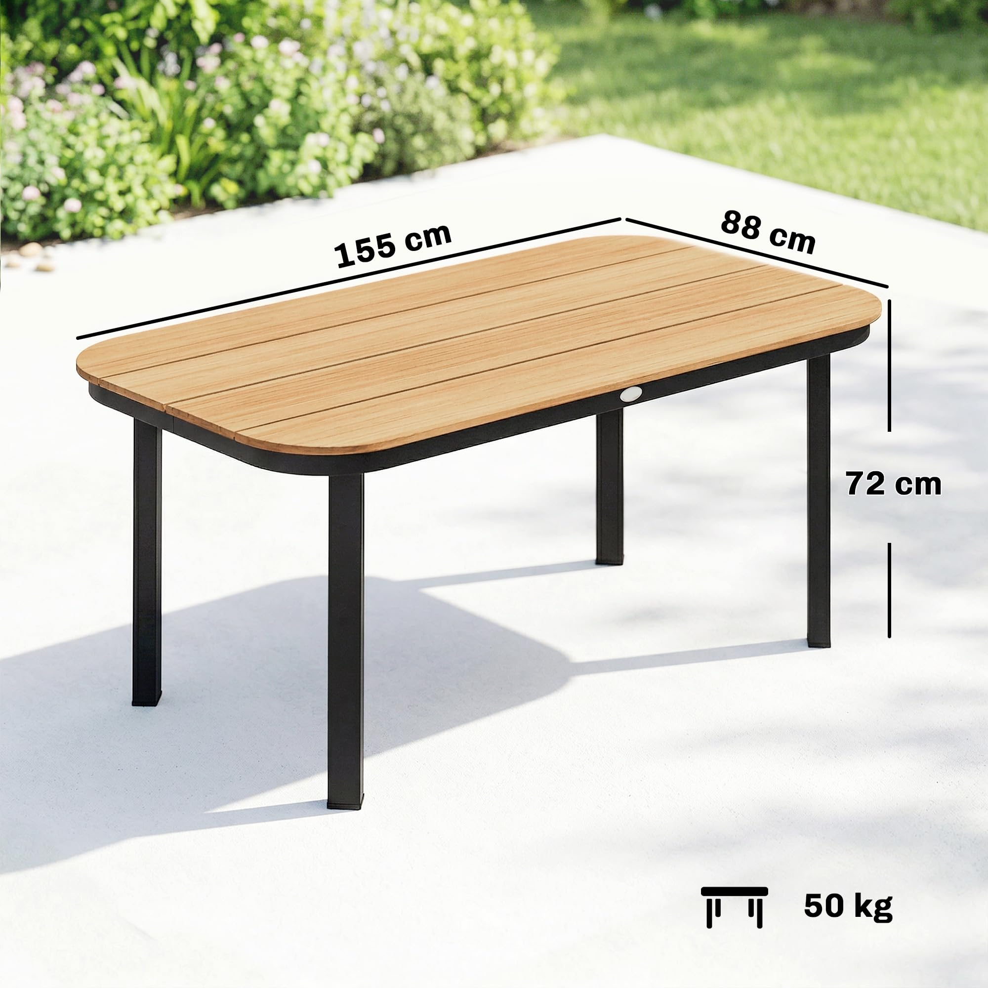 Outsunny Table de Jardin Rectangulaire pour 4-6 Personnes, Plateau en WPC à Lattes, Bords Arrondis, Structure en Métal, Table à Manger de Jardin pour Balcon Terrasse, 155x88x72cm, Naturel
