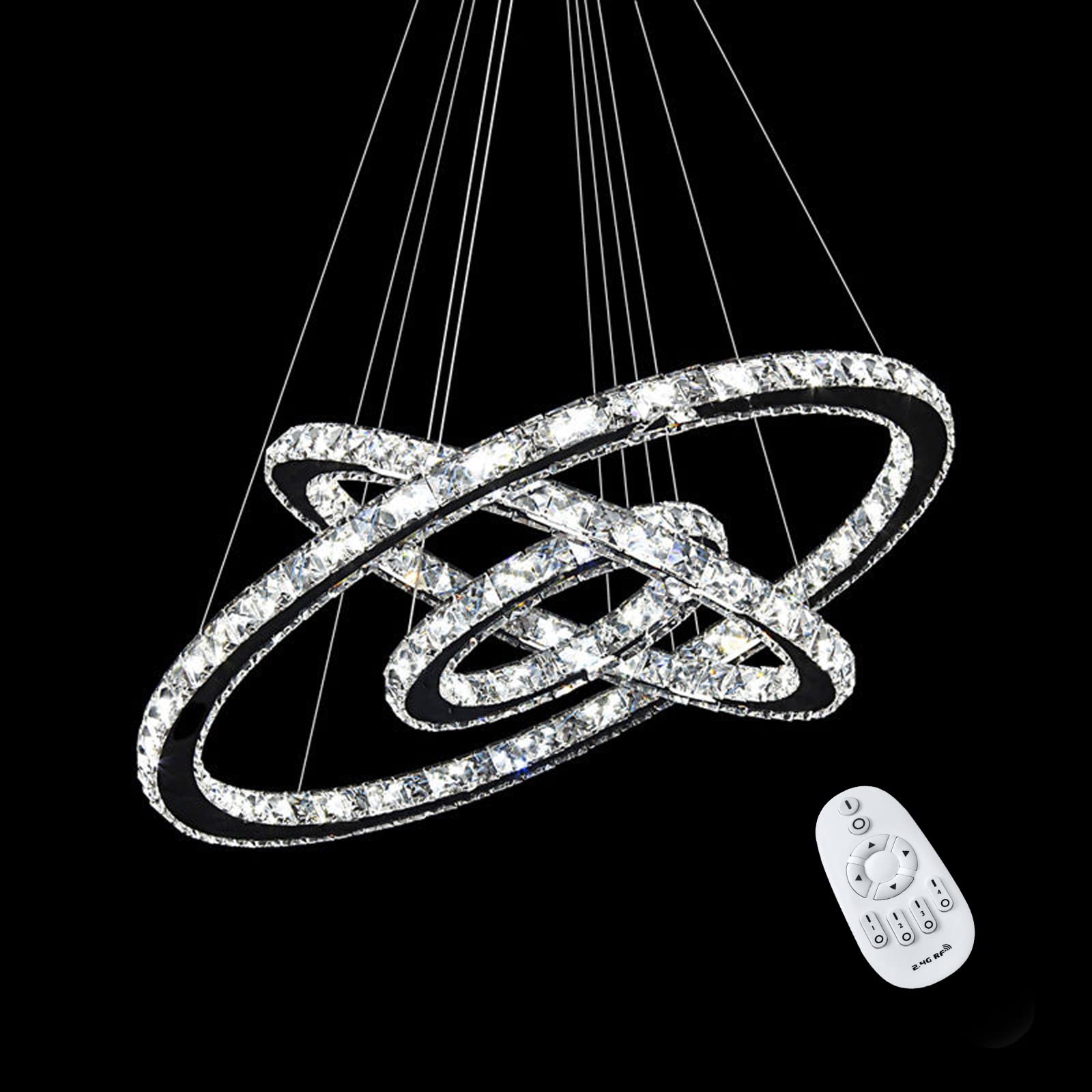 YRHome - Lampadario a LED con cristalli da 72 W, a tre anelli, dimmerabile, lampadario da soffitto, lampadario a sospensione, altezza regolabile, per sala da pranzo o soggiorno, moderna