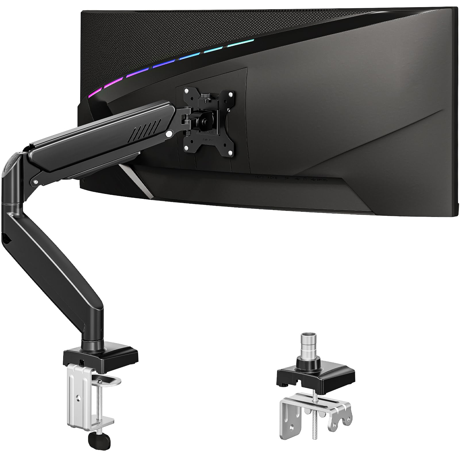 Soporte de escritorio para monitor individual, brazo ajustable de monitor de movimiento completo de 19 a 34 pulgadas, soporte para monitor de computadora con abrazadera y base de ojales, se adapta a