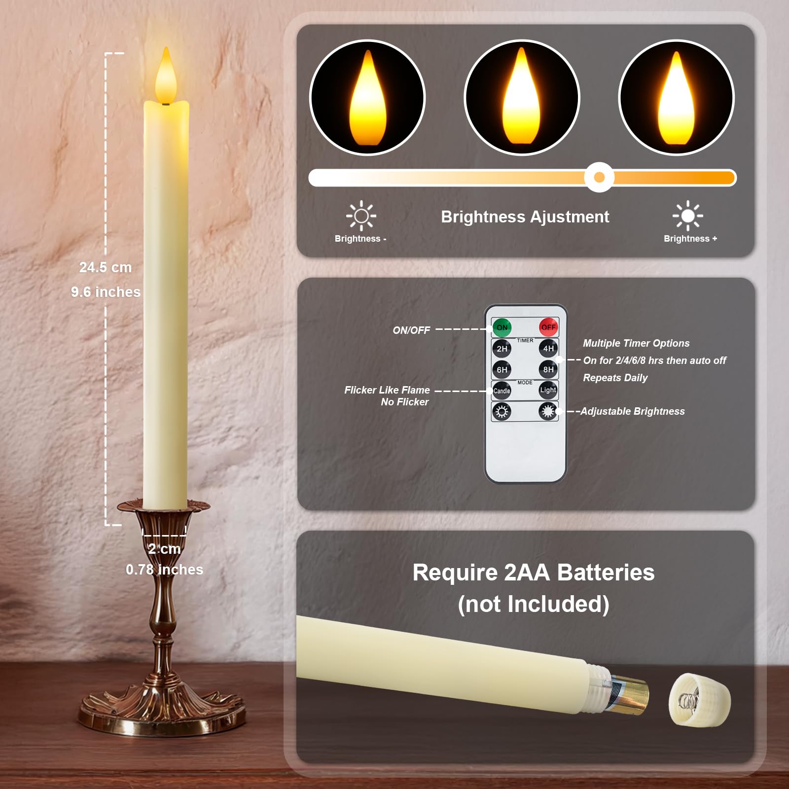 12 velas cónicas sin llama con regulador de temporizador remoto, candelabros LED de plástico marfil de 9.6 pulgadas