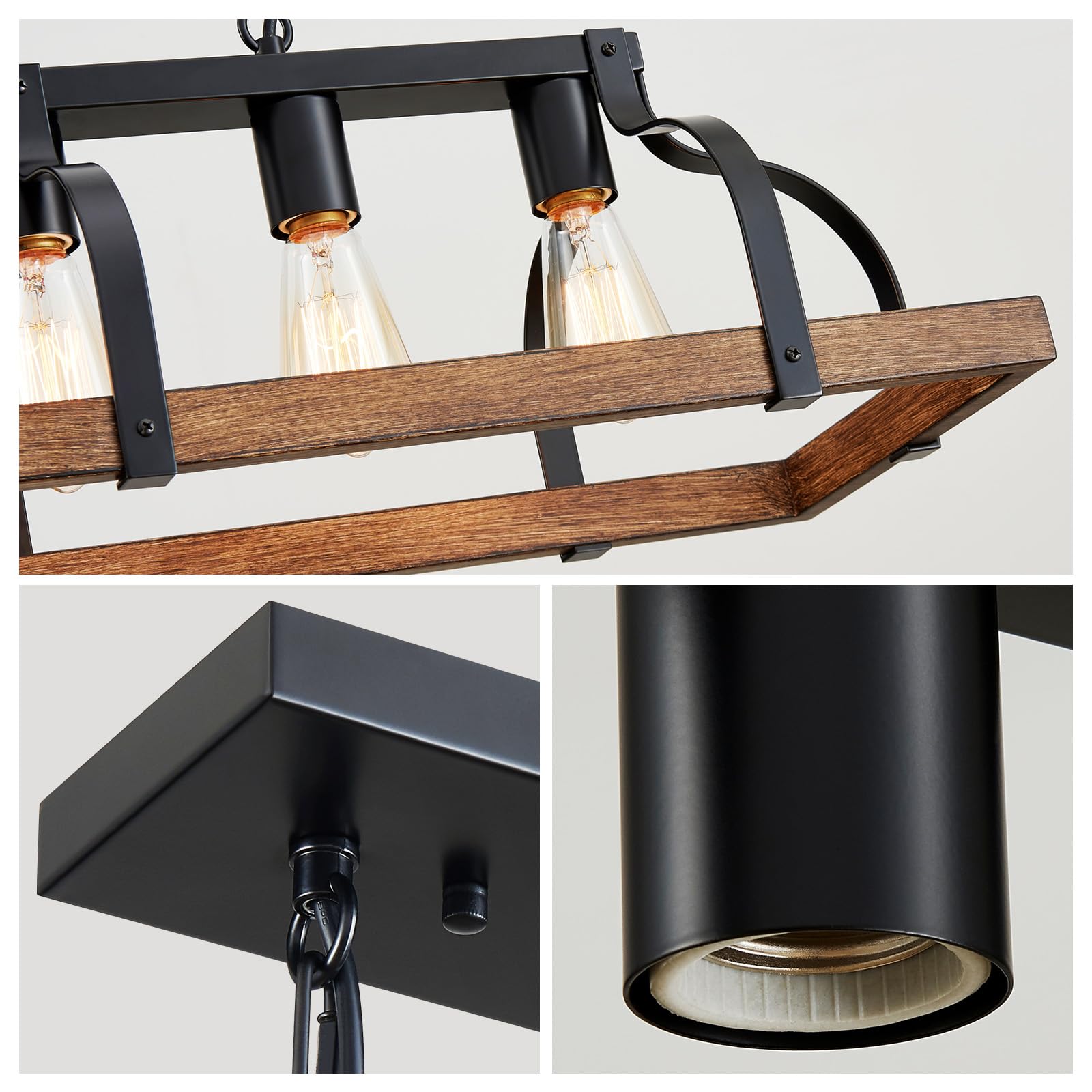WUZUPS 5 Lustres Métal Léger Imitation Grain de Bois Lampe Suspension Linéaire Éclairage Plafond Rustique Ferme Robinet Cuisine Île Salle à Manger Socle E27 Noir & Bois Rétro