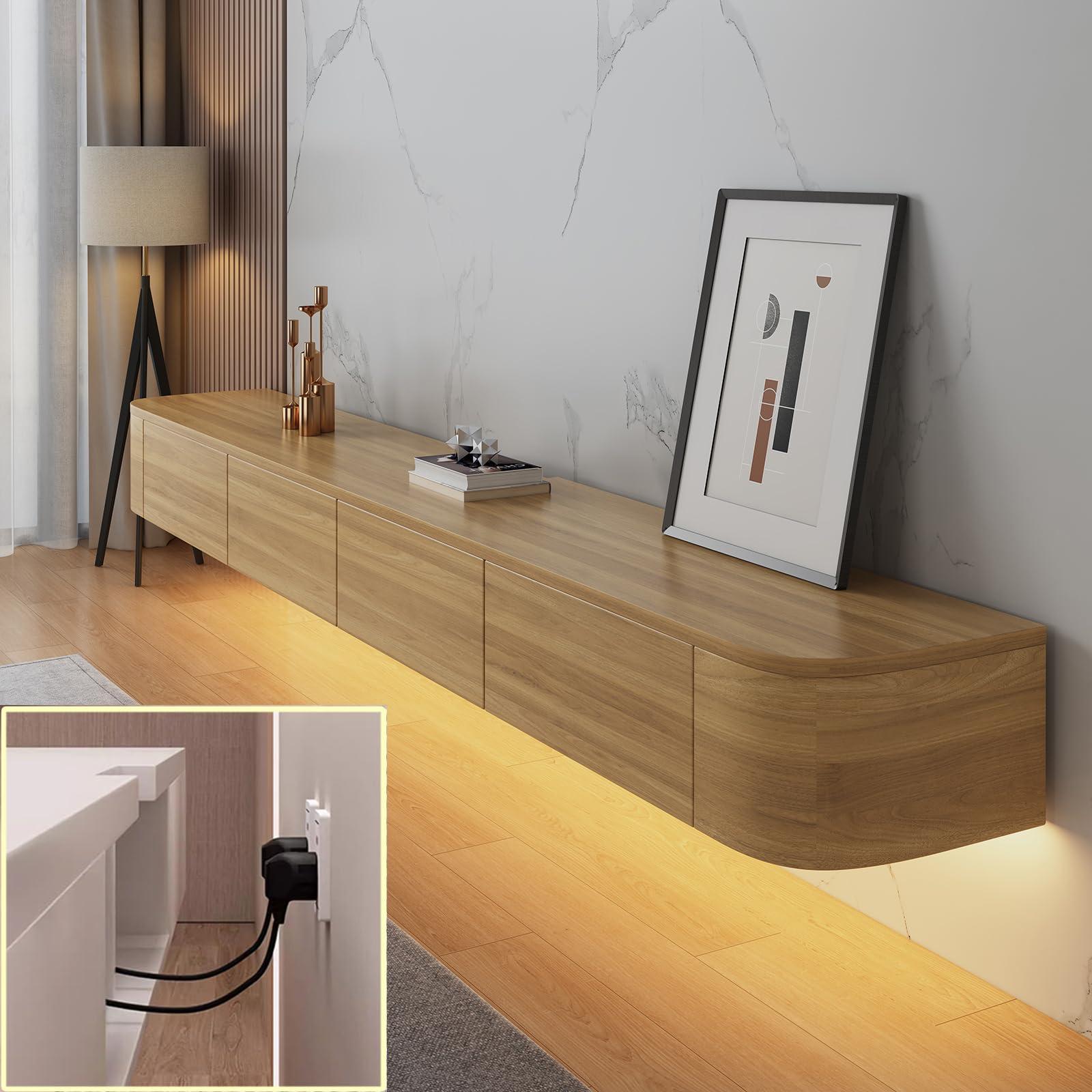Consola de TV flotante, mueble de TV montado en la pared, banco de TV de almacenamiento grande debajo de la TV con cajones, soporte para enrutador (color madera + LED, 140 x 20 x 24 cm)