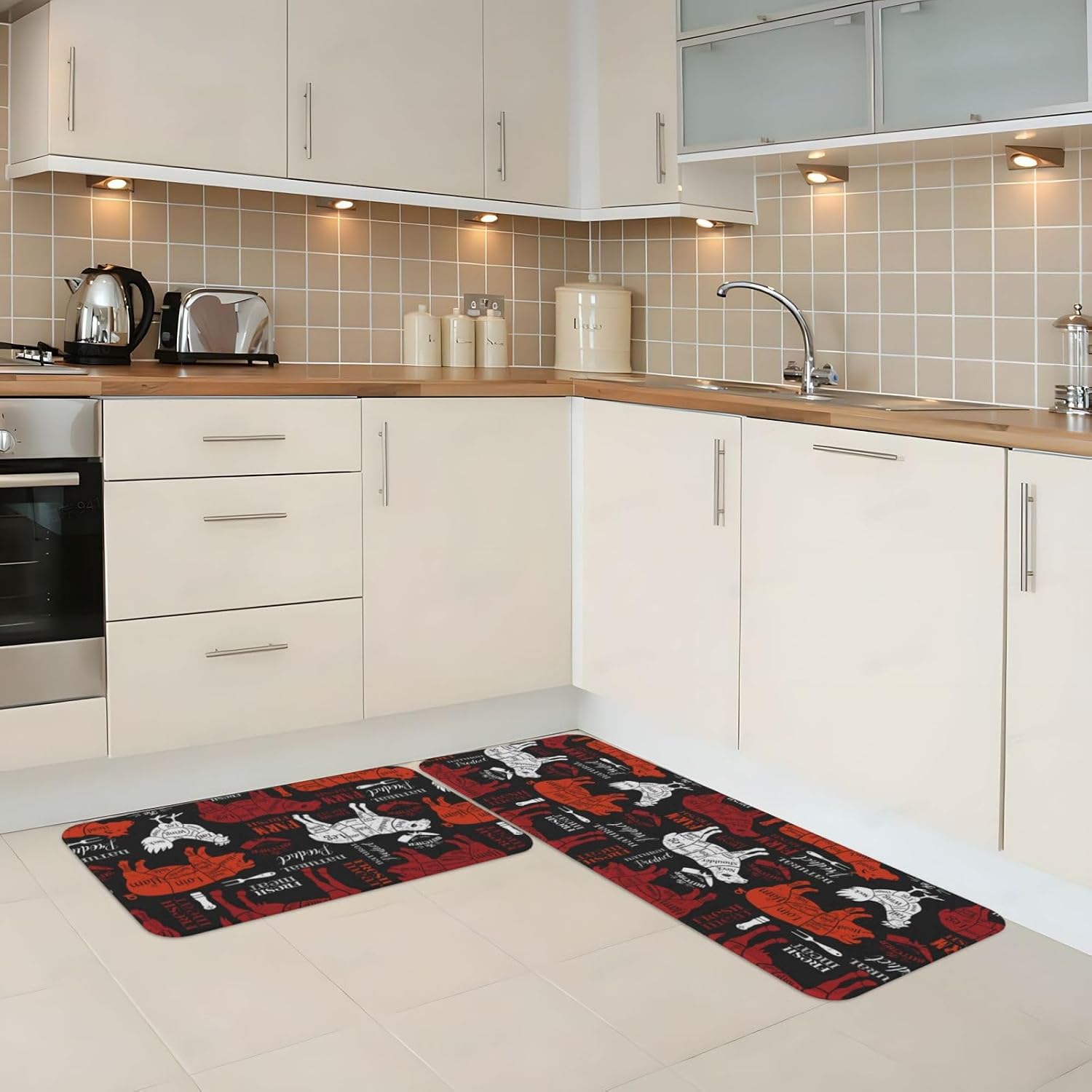 Meat Cuts Diagrams for Butcher Shop Kitchen Mat 2 Piece Set Kitchen Carpet and Running Shoes Set Household and Office Memory Foam Kitchen Carpet