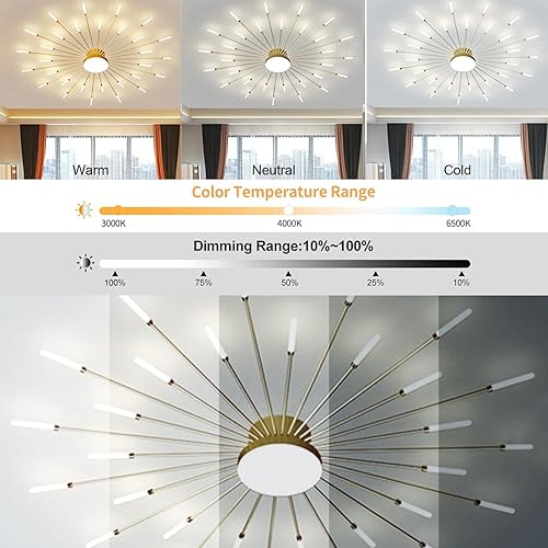 Miniatura 3 de Lámpara de techo LED regulable de 51 pulgadas, 30 luces de techo, lámpara de techo empotrada, iluminación de interior dorada para sala de estar, 30