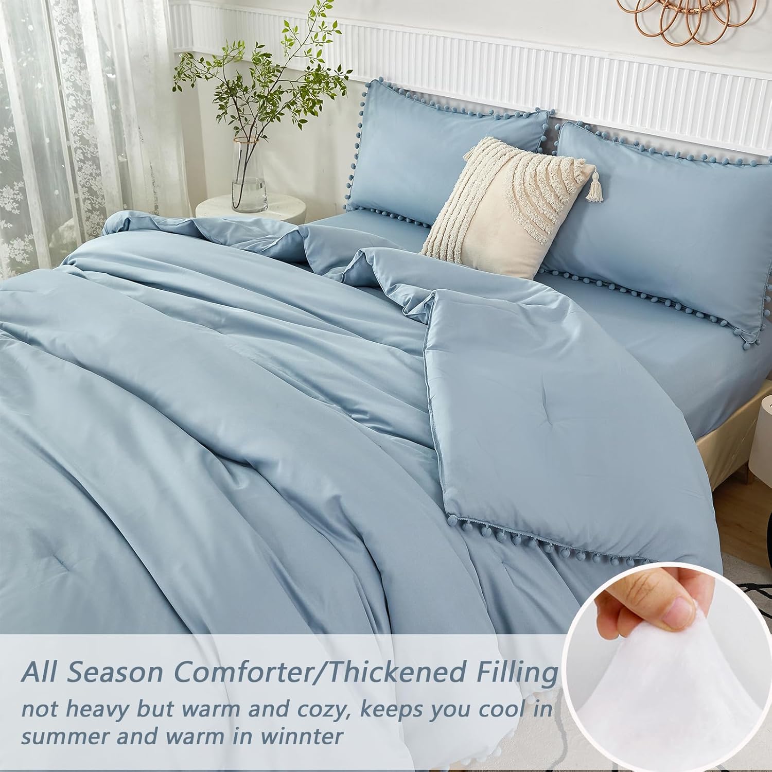 PERFEMET 5 Pcs Blue Bed in A Bag Queen Size Boho Aesthetic Pom Pom Bedding Comforter Set with Sheets Lightweight Soft Pom Solid Comforter for Women Men(Grayish Blue, Queen)