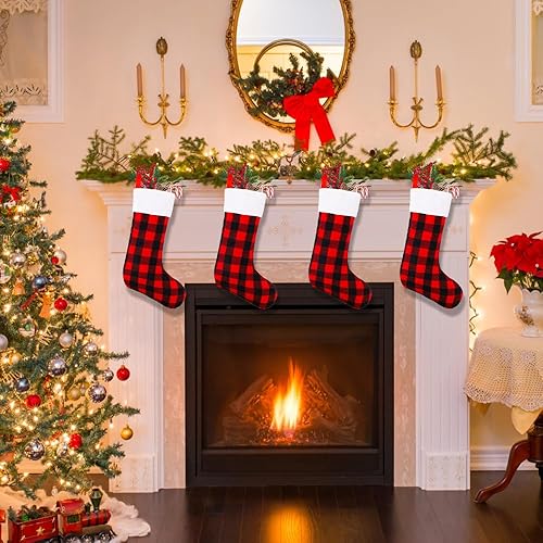 Miniatura 4 de YUJUN Paquete de 6 medias de Navidad de 22 pulgadas, grandes, color negro y rojo, a cuadros, decoraciones para árbol de Navidad, chimenea,