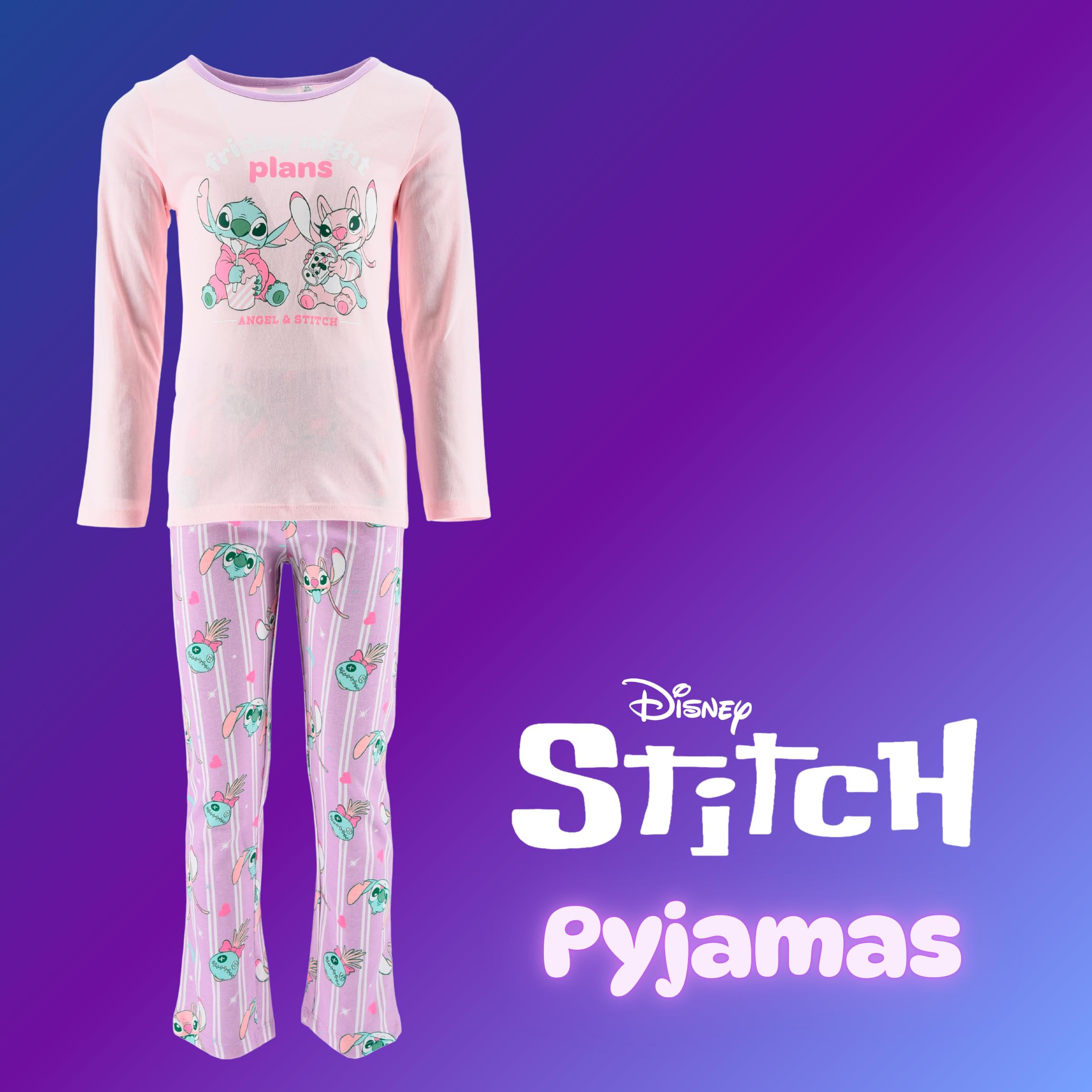 Disney Stitch Pigiama per Ragazze, Maglietta a Maniche Lunghe e Pantaloni 2 Pezzi Pigiama in Cotone, Taglie 3 a 8 Anni