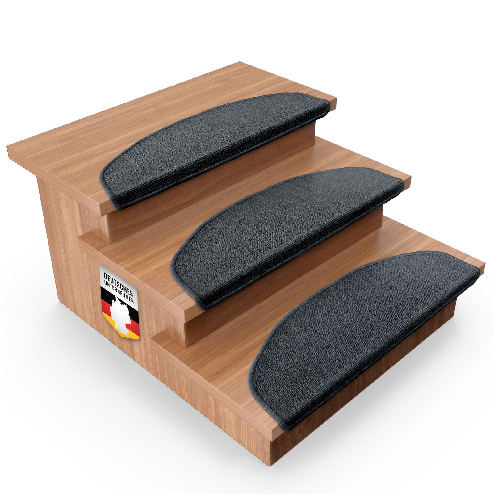 Floordirekt 1x Treppenstufen Matten, Stufenmatten innen für Treppe, Treppenteppich, selbstklebend, Teppich für Treppenstufen, Treppenschutz, Stufenteppich (London, Anthrazit, 65x23 cm, Halbrund)