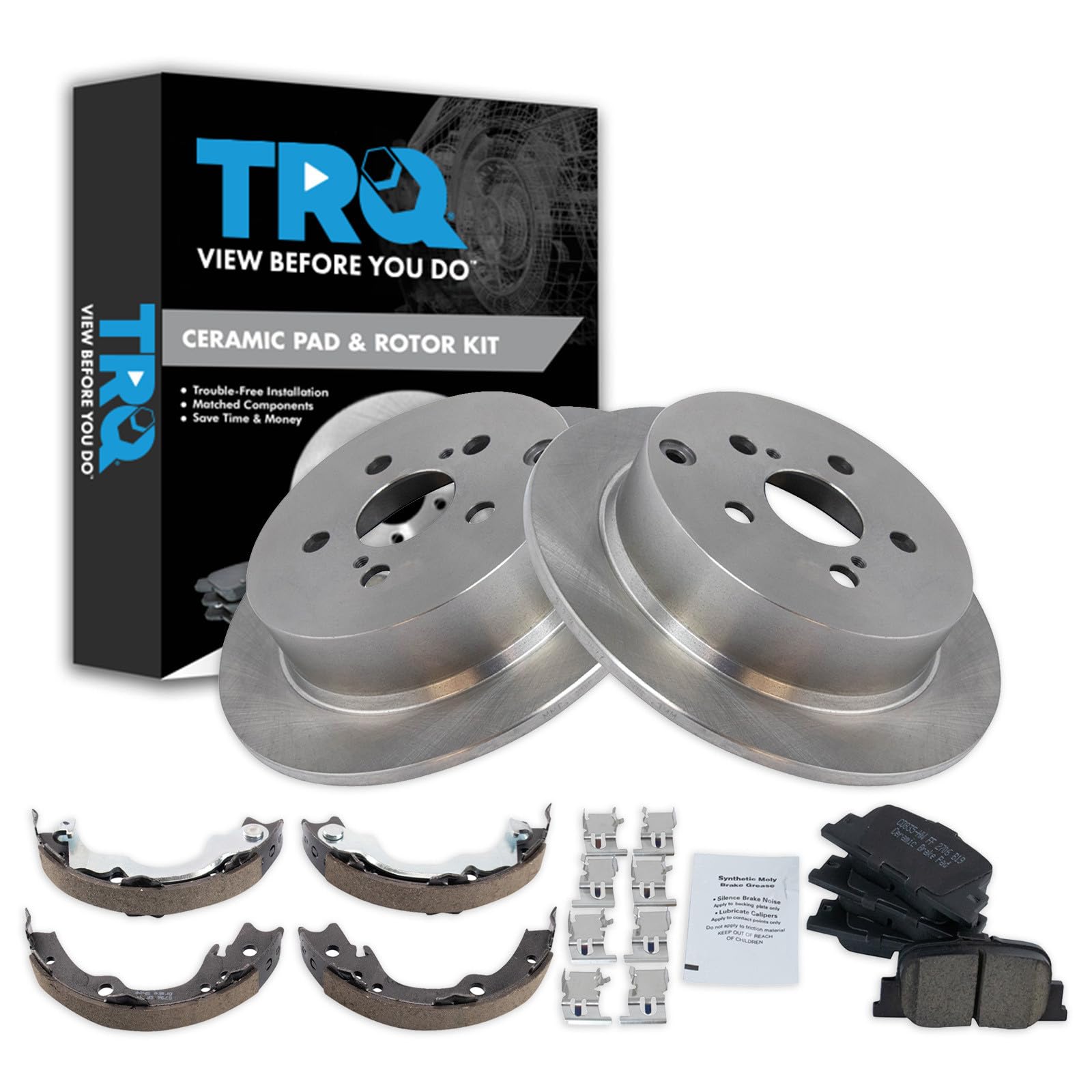 TRQ Rear Brake Pad and Rotor Set Ceramic Rotors Parking Shoe Compatible with 2005-2010 Scion tC