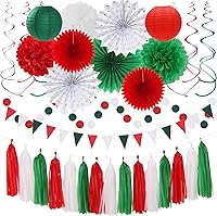 Vista 18 de Conjunto de decoraciones rosa intenso y rojo para fiestas - 33 piezas: Bandera, serpentinas, guirnalda con borlas, pompones de papel, panales