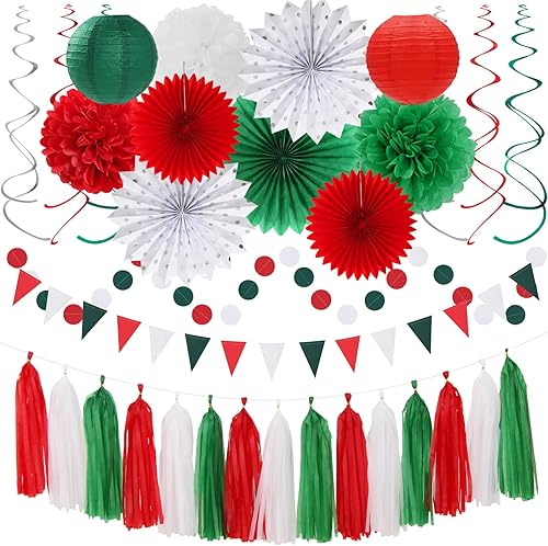 Miniatura 18 de Conjunto de decoraciones rosa intenso y rojo para fiestas - 33 piezas: Bandera, serpentinas, guirnalda con borlas, pompones de papel, panales