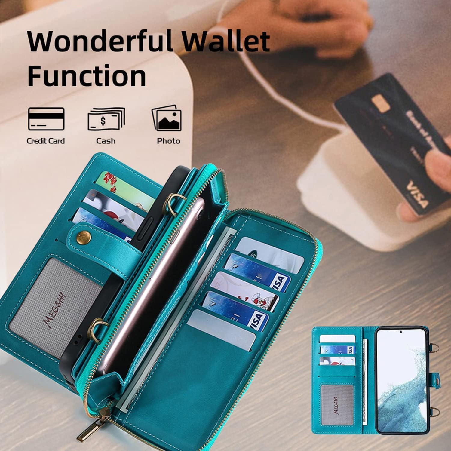 Detachable 2 in 1 Wallet Case for Samsung Galaxy S25 5G with Detachable Wrist Strap,Crossbody Shoulder Strap, 9+ Card Slots Zipper Purse,Stand Cell Phone Cover for S 25 25S G5 Blue