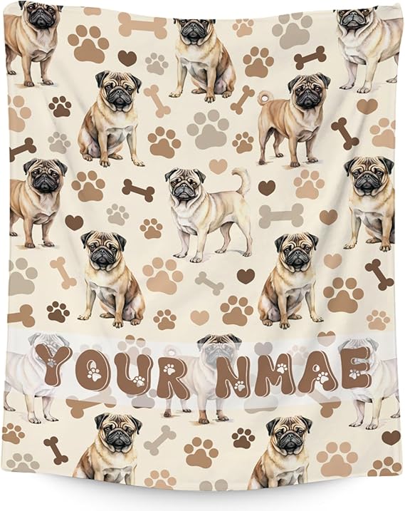 Custom Pug Blanket with Kids, 30x40 Inches Blanket with Dogs on it, Cozy Soft Throw Gifts for Dog Lovers, Cute Flannel Throw Blankets for Couch Office