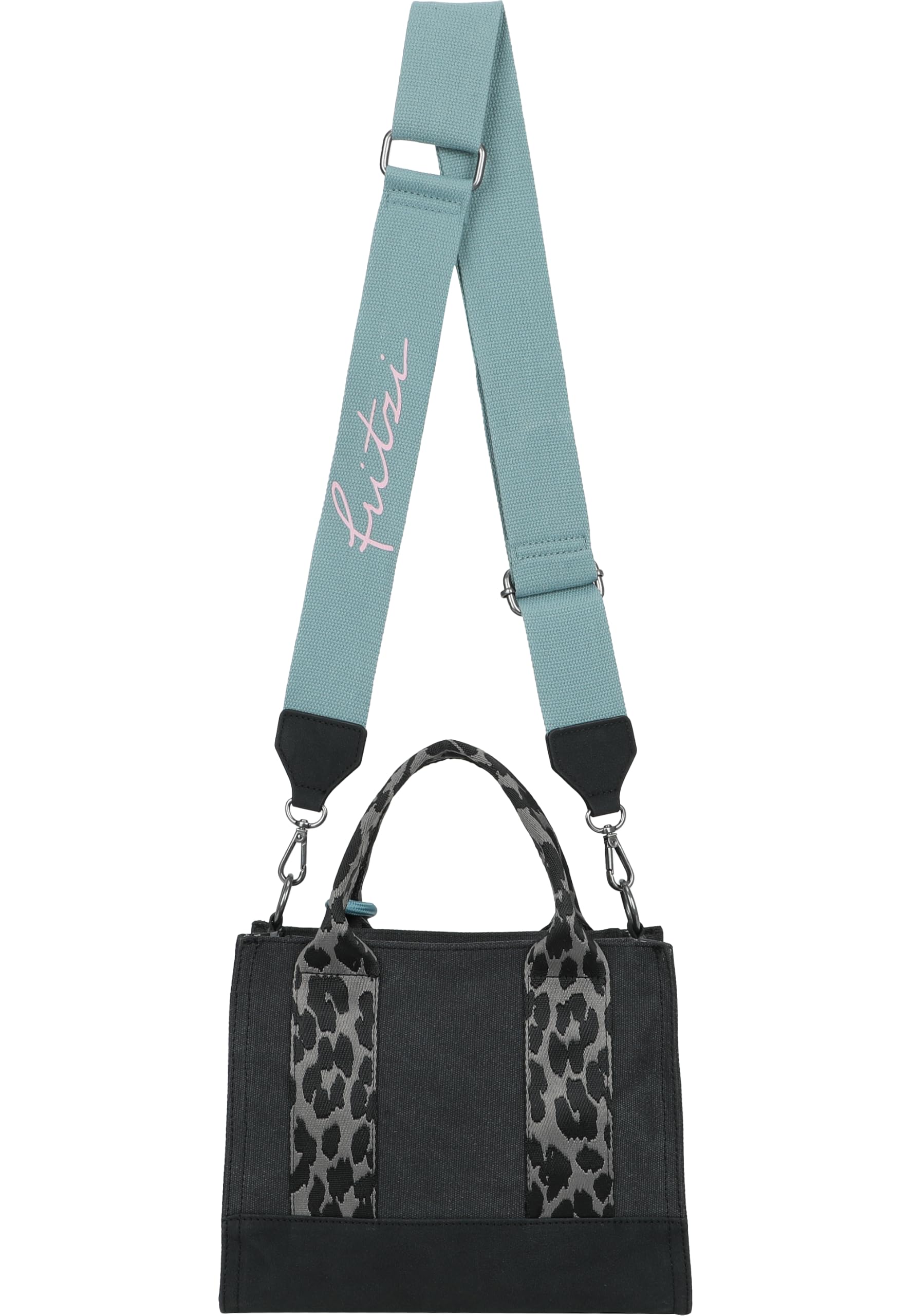 Fritzi Izzy09 Limited Happy Leo Damen vegane Canvas Crossbody Baumwolltasche Umhängetasche Schultertasche mit Reißverschluss und Schultergurt Leoprint für Alltag Reisen Freizeit 5 L – Olive, Schwarz