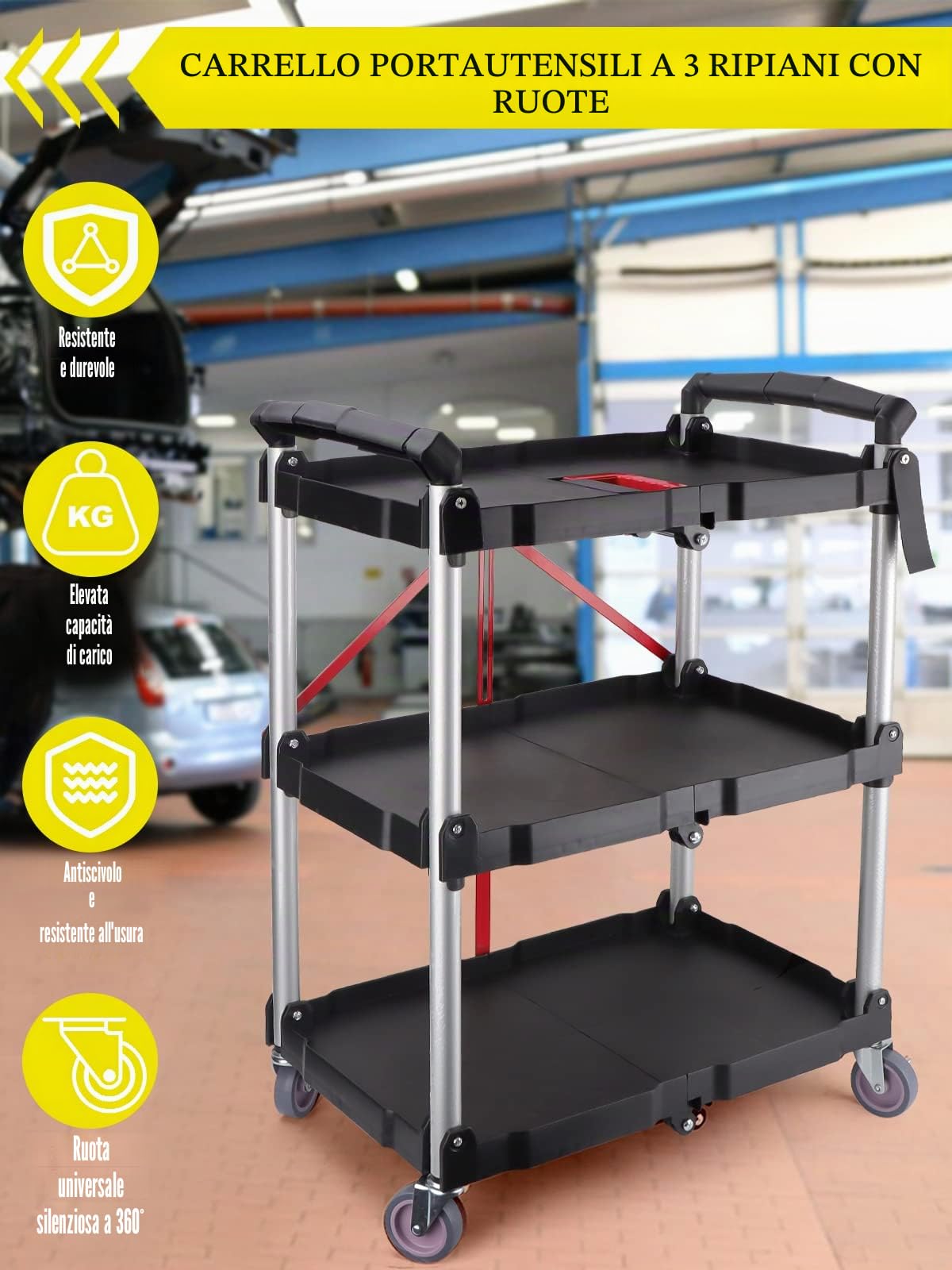 EBANKU Carrello da Portata con Ruote, Carrello Servizio Pieghevole a 3 Ripiani Carrello Cucina Pieghevole Multiuso con Manico Carrello Cucina per Ufficio, Magazzino e Casa