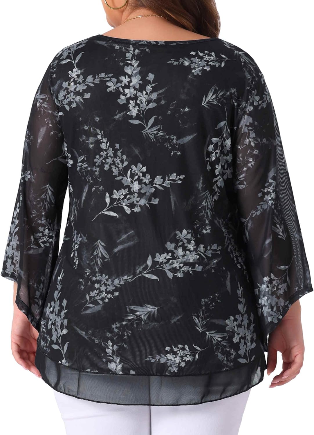 Agnes Orinda Plus Size Women's Dressy Blouse V Neck Mesh Casual Flowy Work Shirts 3/4 Flared Sleeve Tunic Tops - Image 4