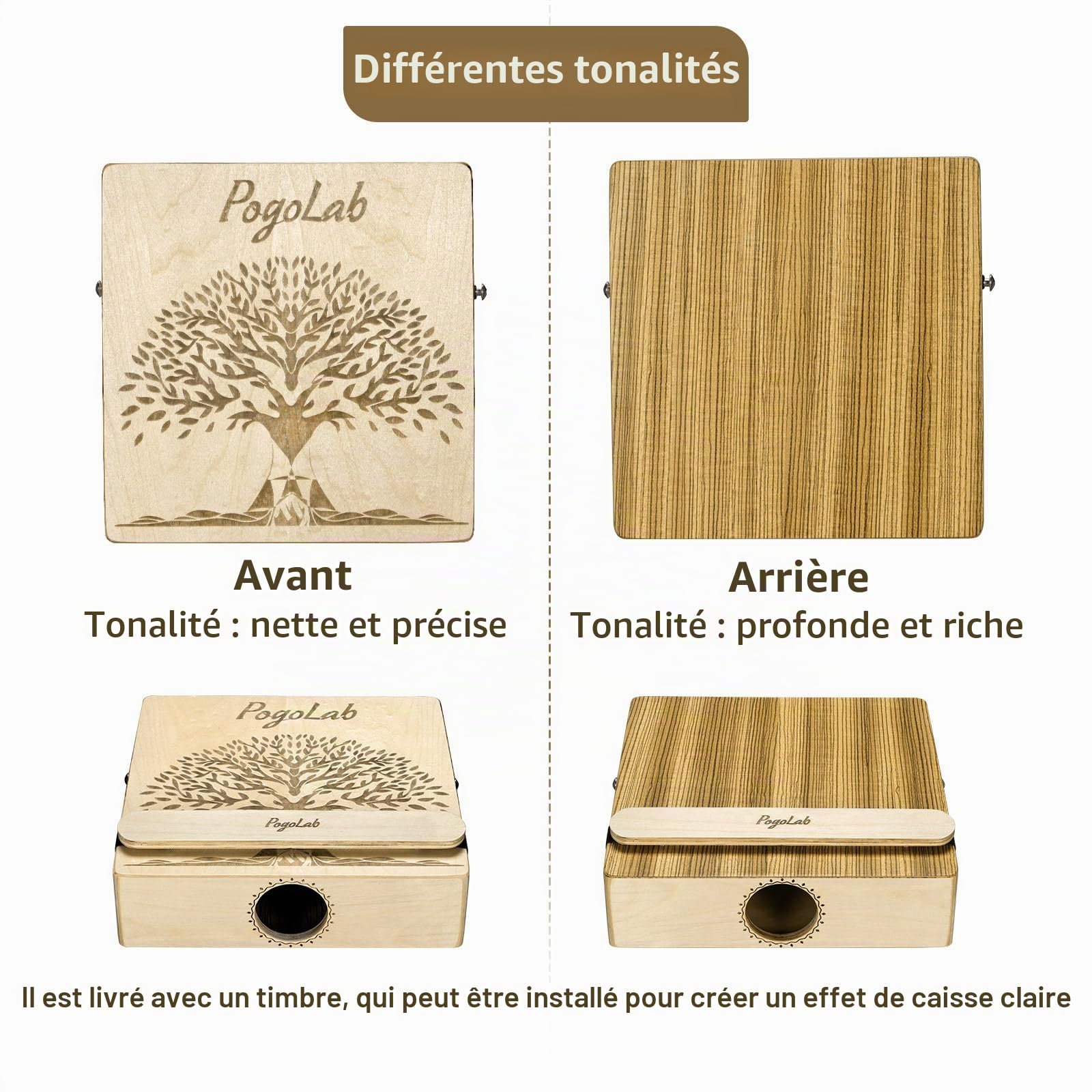 POGOLAB Cajon de voyage multi-tons, cajon box drum portable avec sac de transport et sangle, cahon en bouleau avec motif artisanal, instrument de percussions cadeau pour débutant