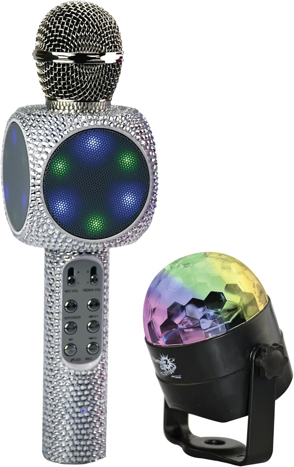 Wireless Express - Sing-Along Bling Bluetooth Karaoke Microphone and Bluetooth Stereo Speaker All-in-One (Silver Bling w/Disco Ball)