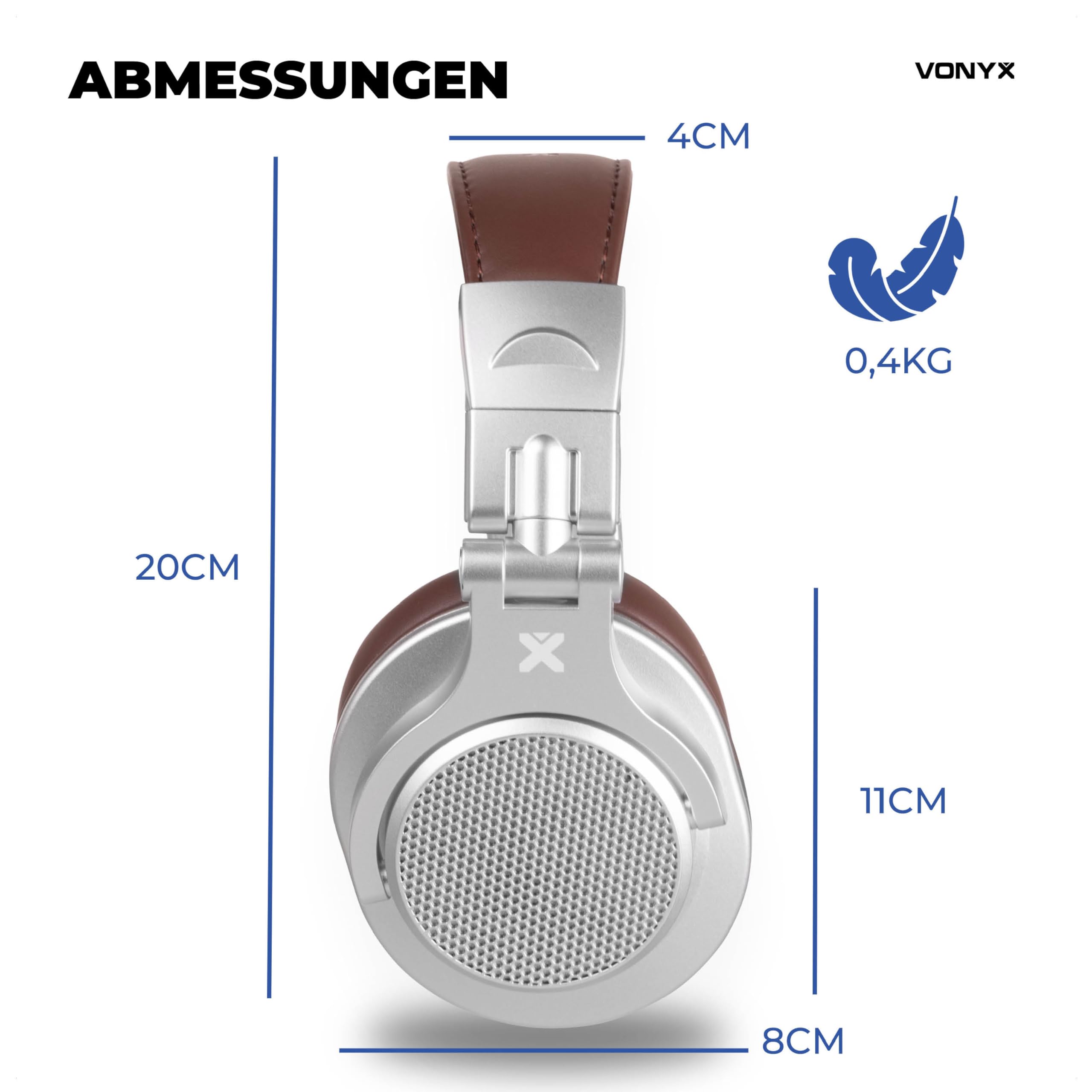 Vonyx HDX120WSN - Over Ear Kopfhörer Bluetooth, 75 Std. Akku, 40mm Treiber - Tiefer Bass, Studio Kopfhörer Kabellos - 3,5/6,3mm Klinke – Faltbar & Drehbar, Bluetooth Headphones mit Tasche - Alu/Braun