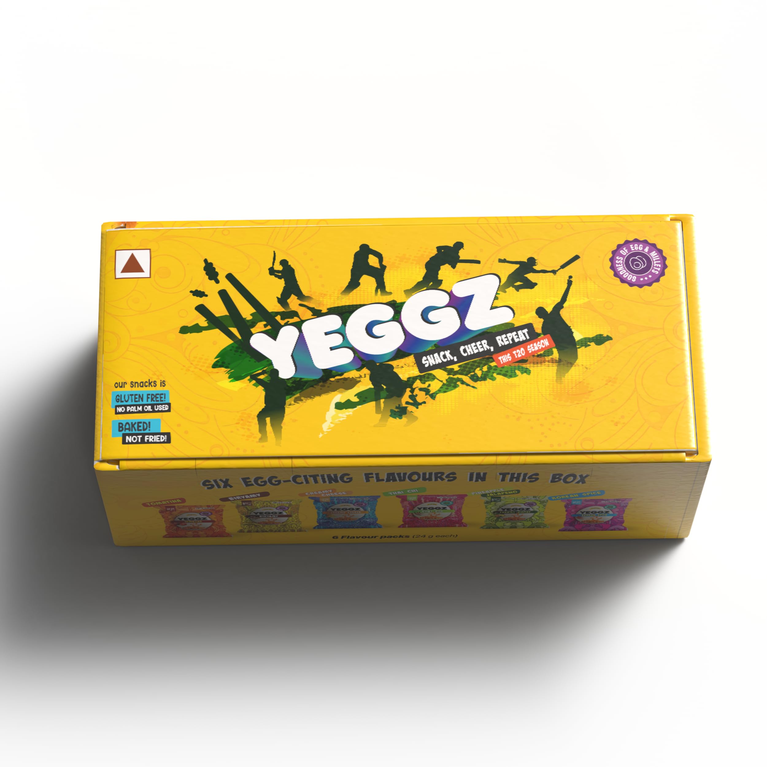 YEGGZ T20 Mania Puffed Curls – Pack of 6 | Crispy Baked Snacks | Korean Spice, Creamy Cheese, Biryamy, Tomatina, Pineapple Jalapeno & Thai Chi