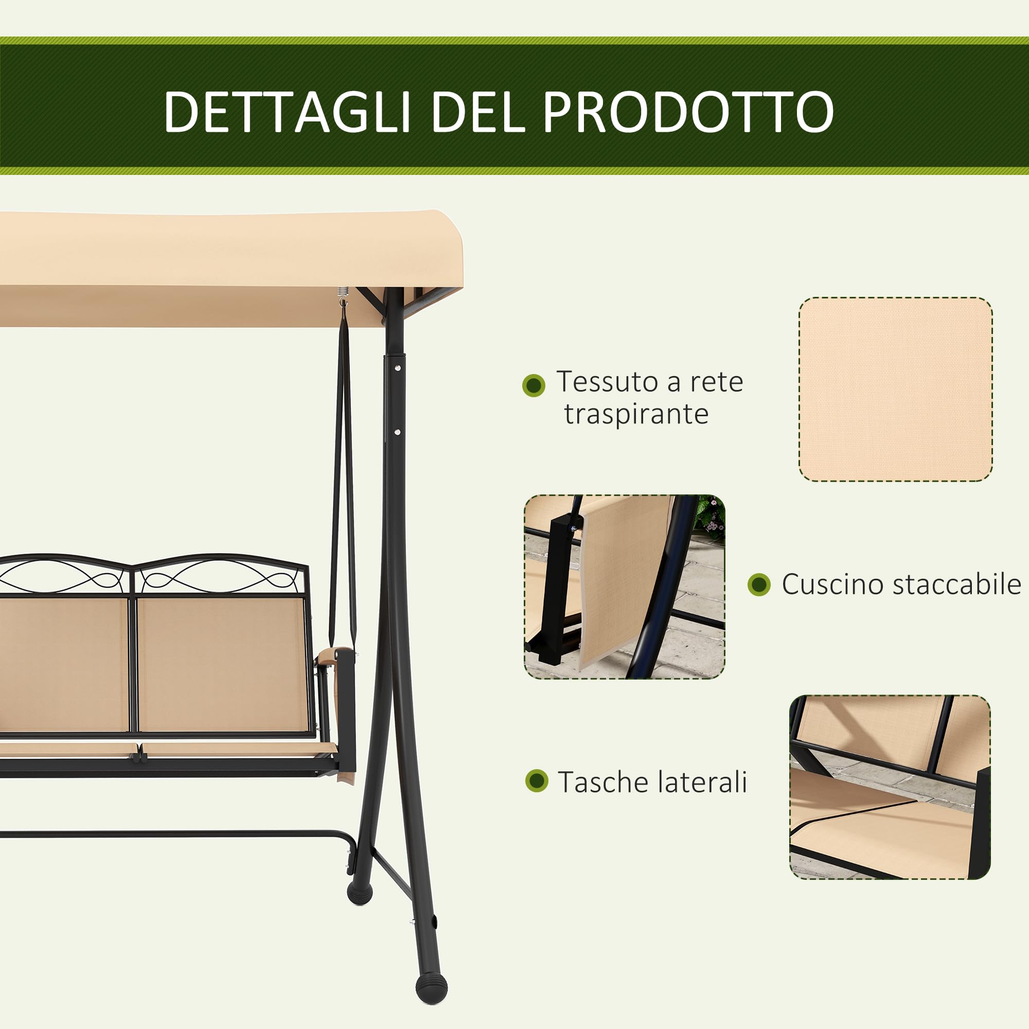 Outsunny Dondolo da Giardino 2 Posti con Tettuccio Parasole Regolabile, Dondolo con Tasche Laterali, Acciaio e Tessuto a Rete, Beige