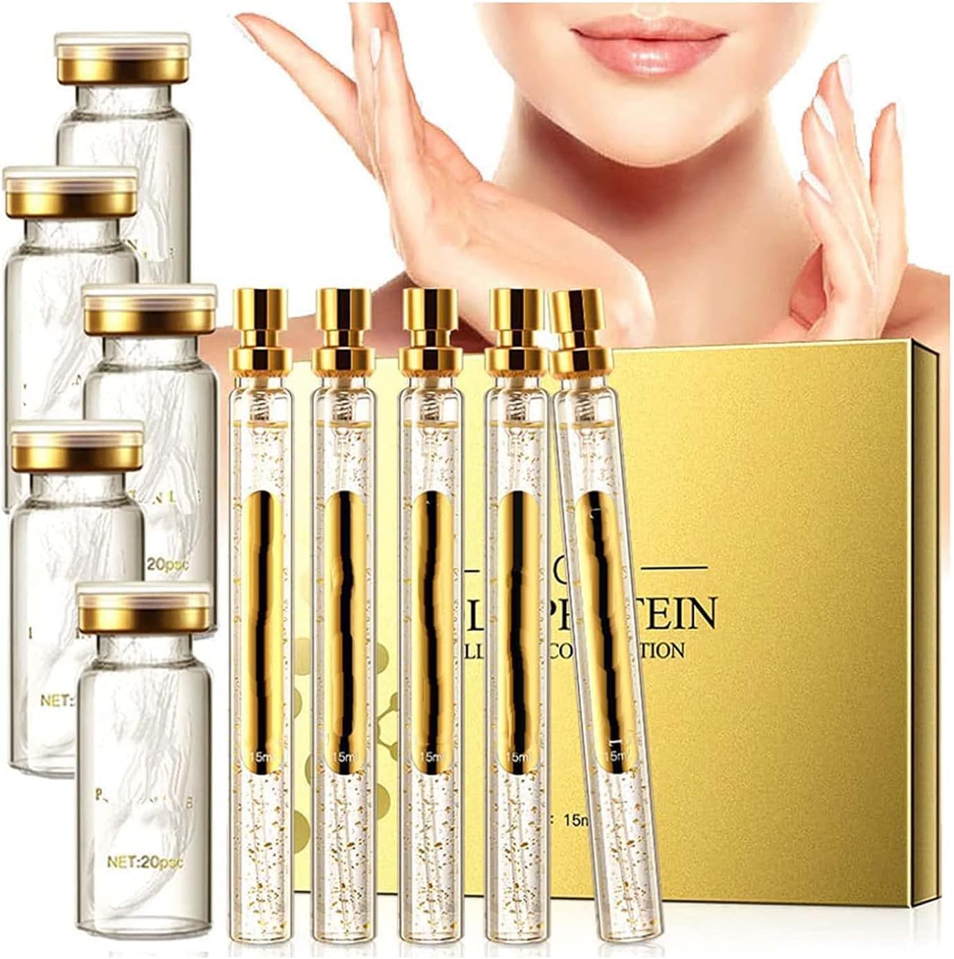 Instalift Korean Protein Thread Lifting Set, Gold Face Essence, Anti Aging & Wrinkle Moisturizing Firming Face Serum, Soluble Protein Thread and Nano Gold Essence Combination 1box & 5 Bottles