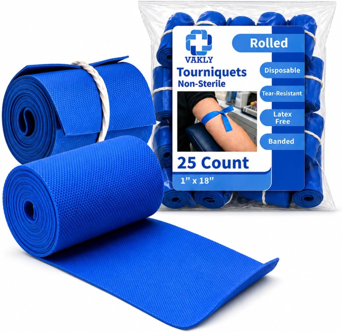 Vakly Disposable Tourniquet [Pack of 25] Blue 1" x 18 Inch Long Rolled and Banded Single-Use Elastic Latex-Free First Aid Tourniquets (25)