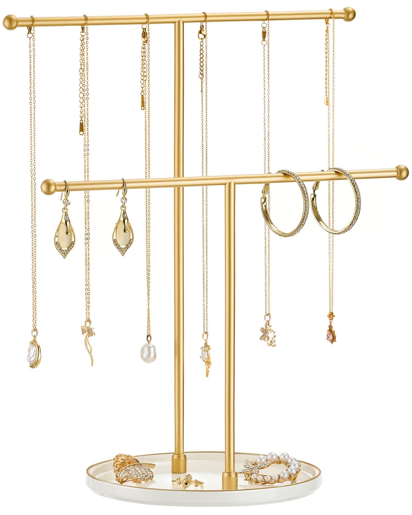 Josmimic Schmuckständer für Halsketten mit Keramikbasis - 30 cm Schmuckaufbewahrungsorganizer für Halsketten, Armbänder, Ringe, Ohrringe | Goldene Stange Weiße Basis