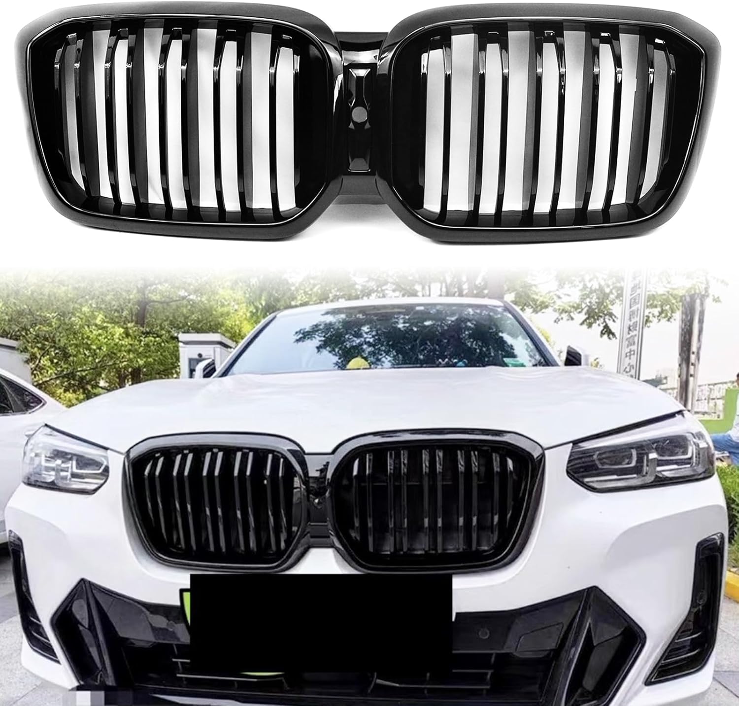 F25 F26 Grille, Black Front Kidney Grille Grill Compatible with BMW 2014-2017 X3 F25 2014-2018 X4 F26, Gloss Black Double Slats