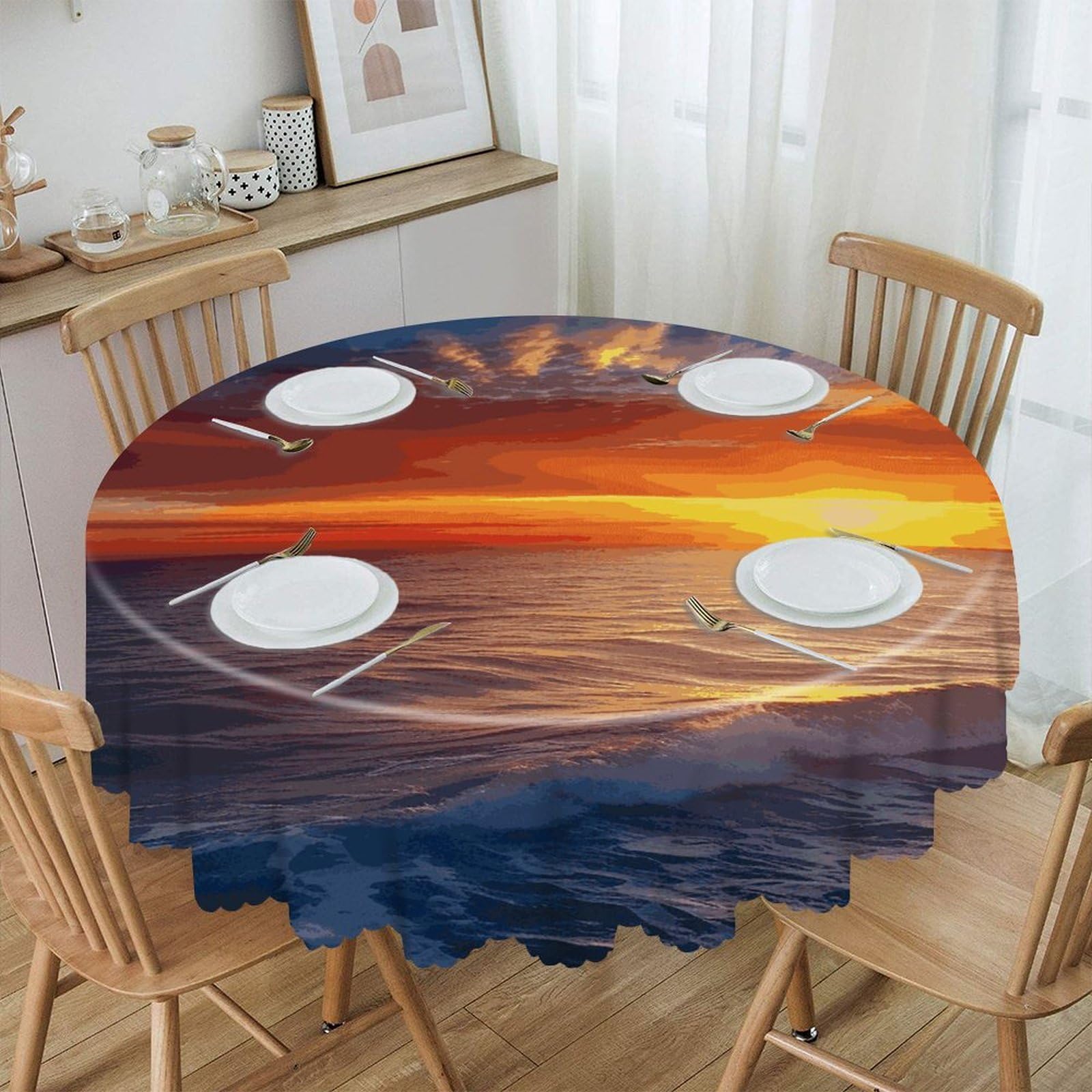 FekiLoot Sea and Sunset Round Tablecloths 60 Inch Resistant Washable Polyester Table Cloth Style Decorative Circle Fabric Table Cover for Dining Kitchen Party Farmhouse Outdoor